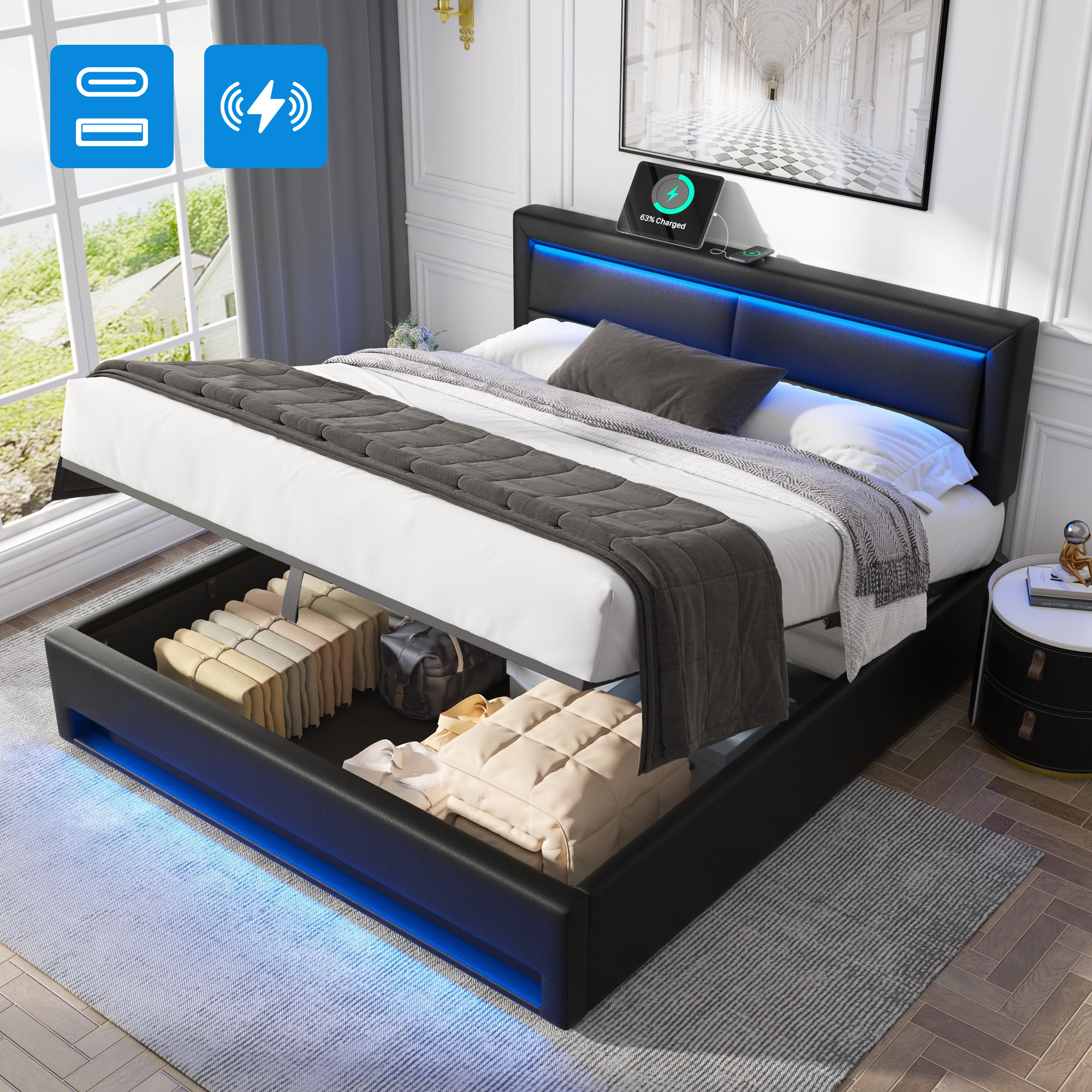 Upholstered Bed 160 X 200 Cm, With USB Port  Supports Wireless And Wired Charging , With LED Lighting And Storage, Without Mattress, PU Lychee Pattern, Black OLD SKU N634P1971067S