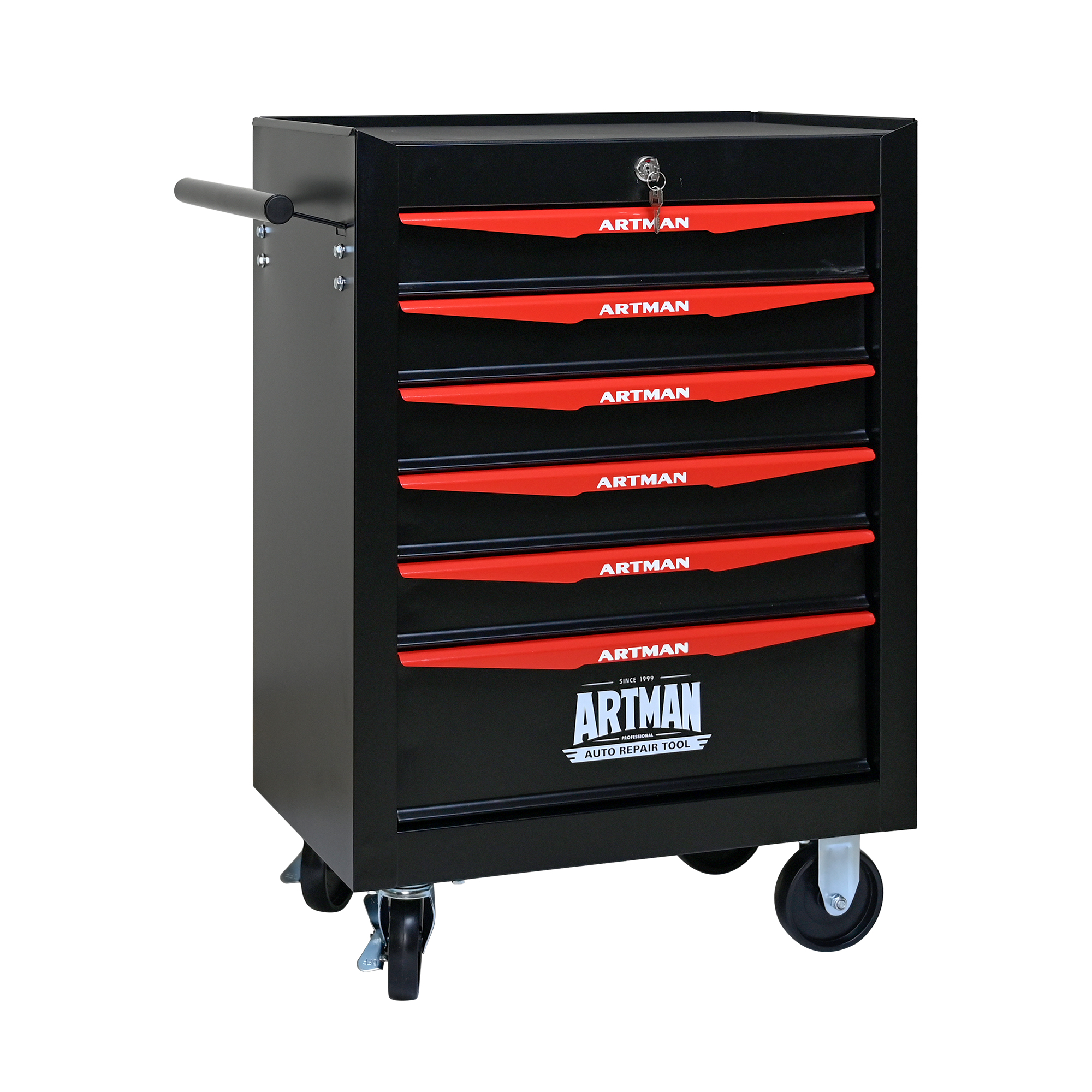 Rolling Metal Toolbox With 6Drawers, 6 Shy Tool Cabinet With Ball Bearing Drawer Slides, Steel Tool Storage Box Organizer Black & Red 4