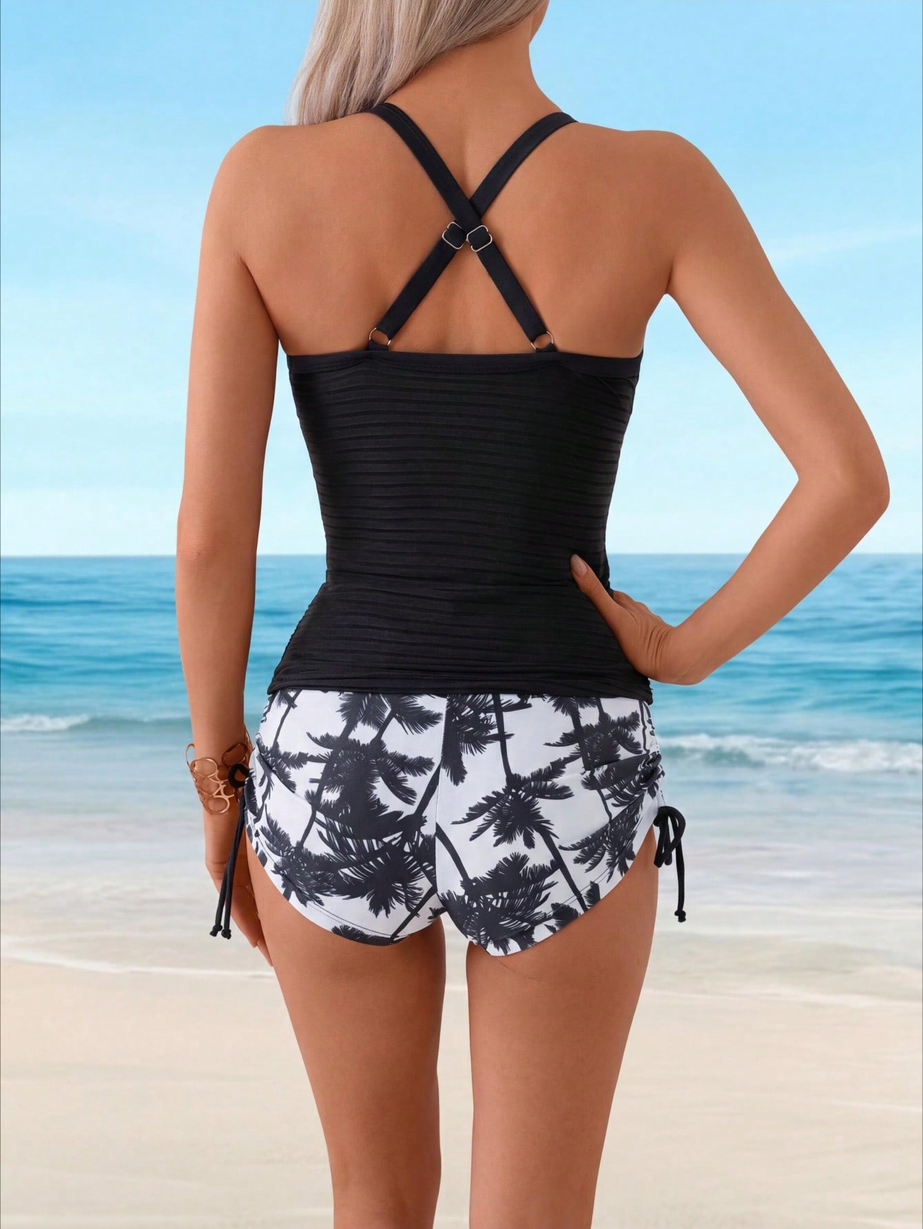 2026 New Coconut Tree Print Tankini Set, Ruched Waist & Side Drawstring, Modest Tummy-Hiding Slimming Swimwear — foto 5