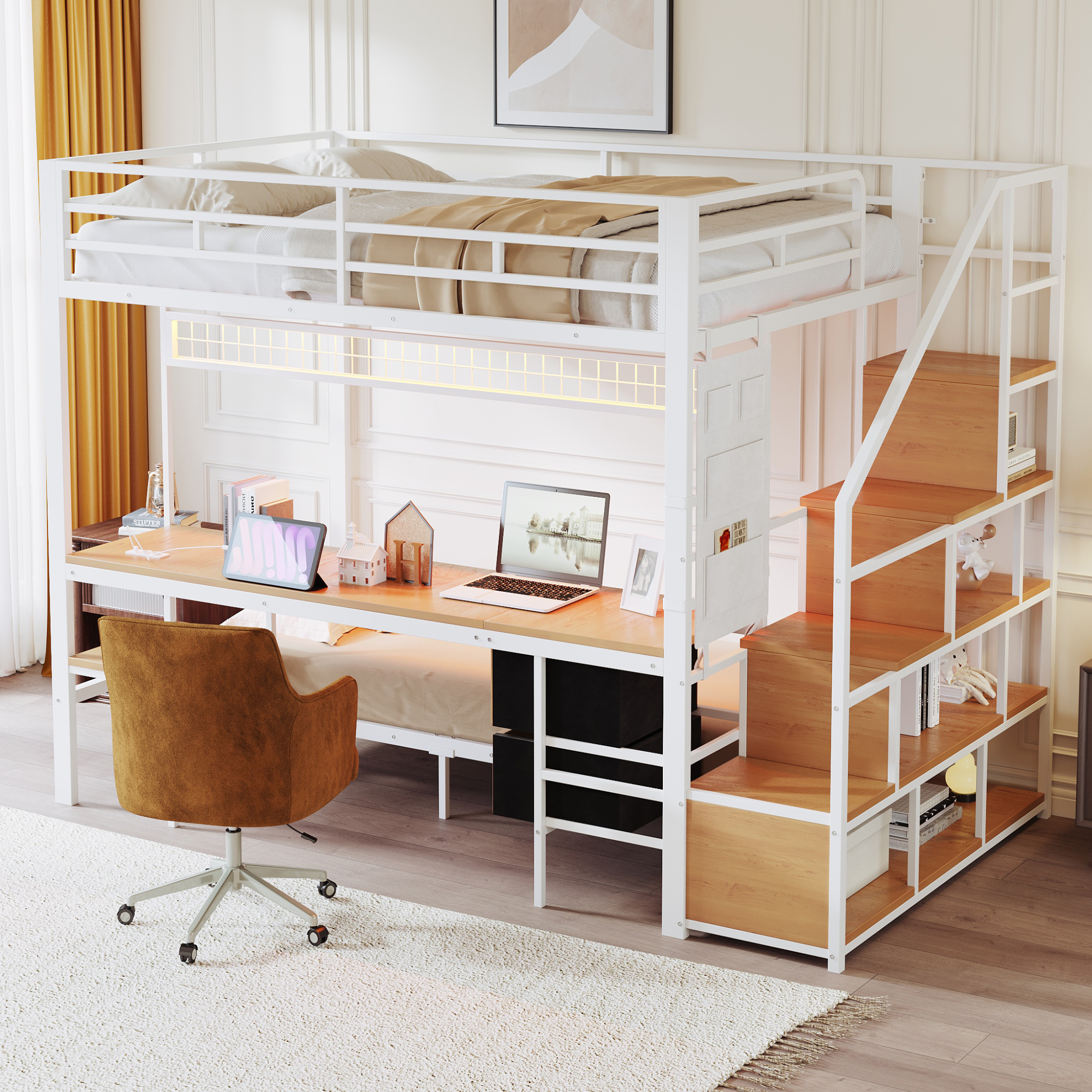 Metal Loft Bed,Multifunctional Bed With Desk,LED,With Sockets,Open Storage And Fabric Drawer Top Bed 140X200,and Underbed 90X200,White