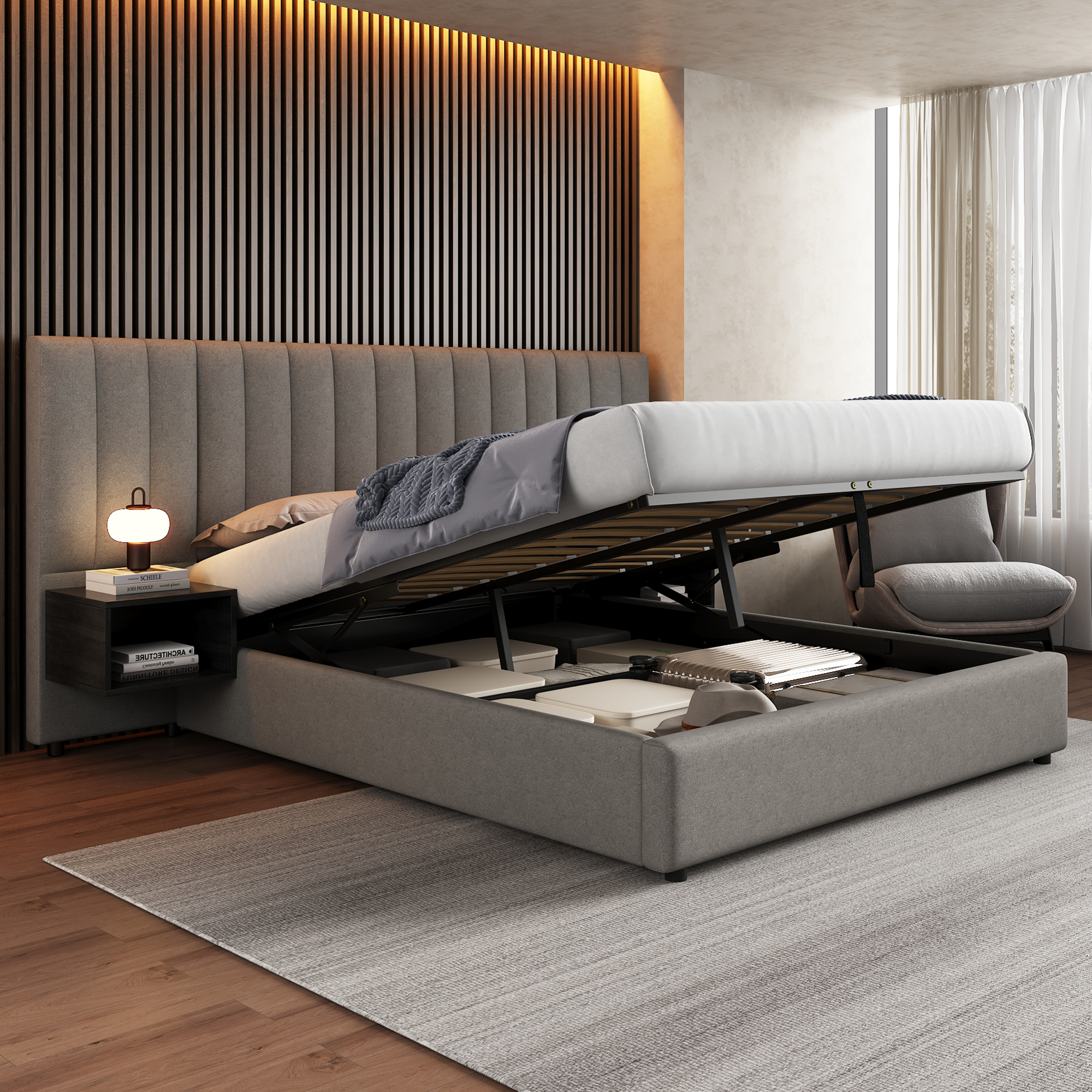 Upholstered Bed 160 X 200 Cm, Hydraulic Wide-eared Bed With Two Bedside Tables With Storage Space, Suitable For Adults And Teenagers, Wooden Slatted Base, Easy Assembly, Linen, Grey  Black