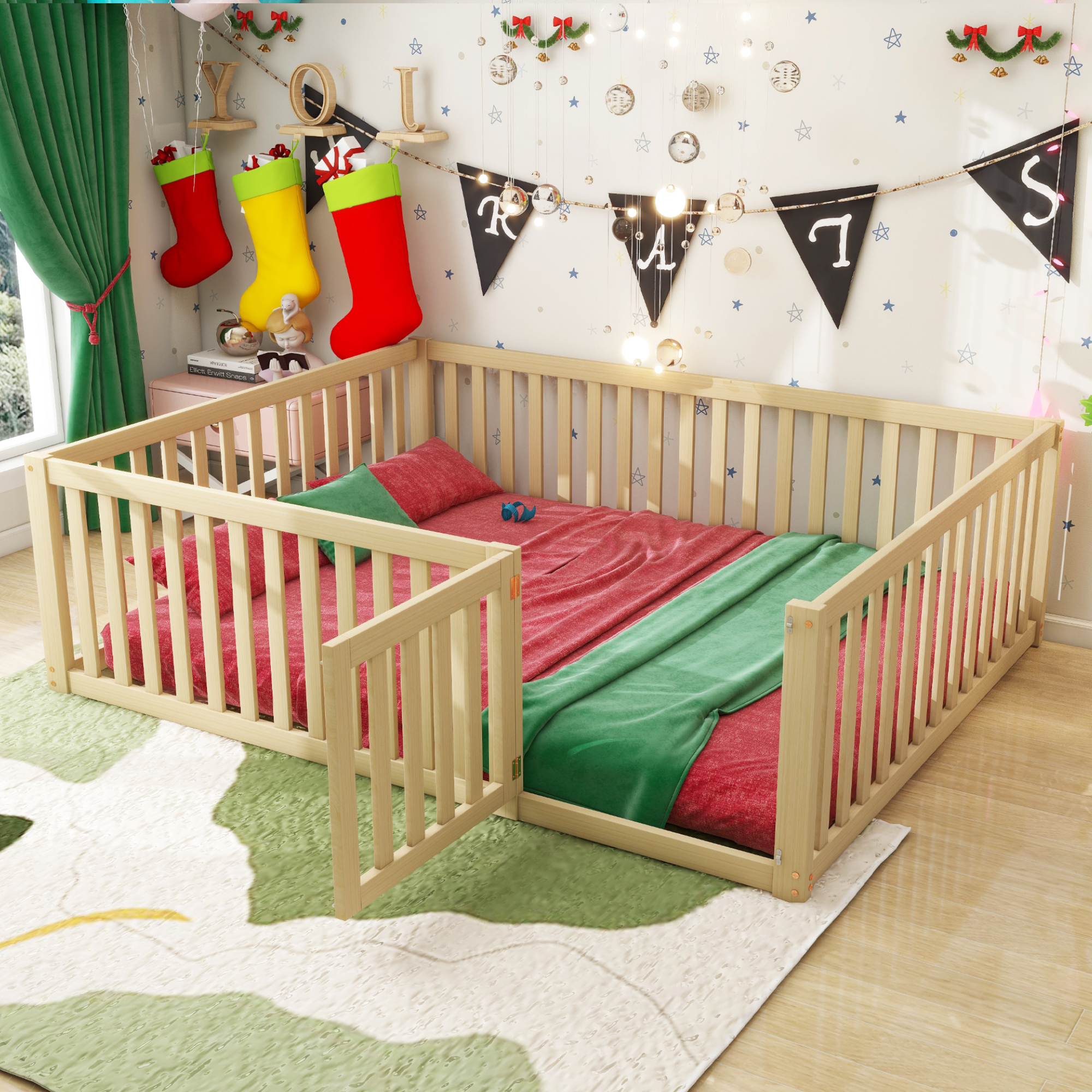 Children S Bed 140 X 200, Wooden Floor Bed Frame With Fence And Door, Wood Color