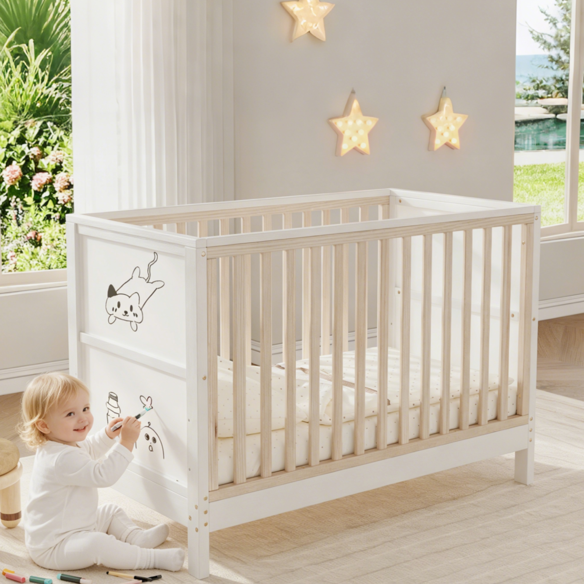 Baby Bed, Baby Bed With Paintable Panels, 3-way Height Adjustable, Convertible To An Extra Bed Children's Couch, 120X60X90cm, Solid Wood Pine, Natural Wood Colour  White Lacquer, EN 716 Tested