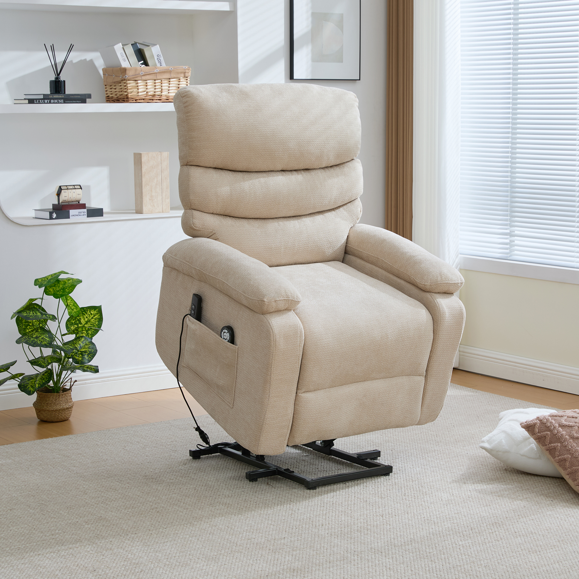 Multifunctional Electric Recliner With Stand-up Aid, Massage And Heat Function, Electrically Adjustable Backrest And Footrest As Well As Side Storage Pockets.Light Khaki
