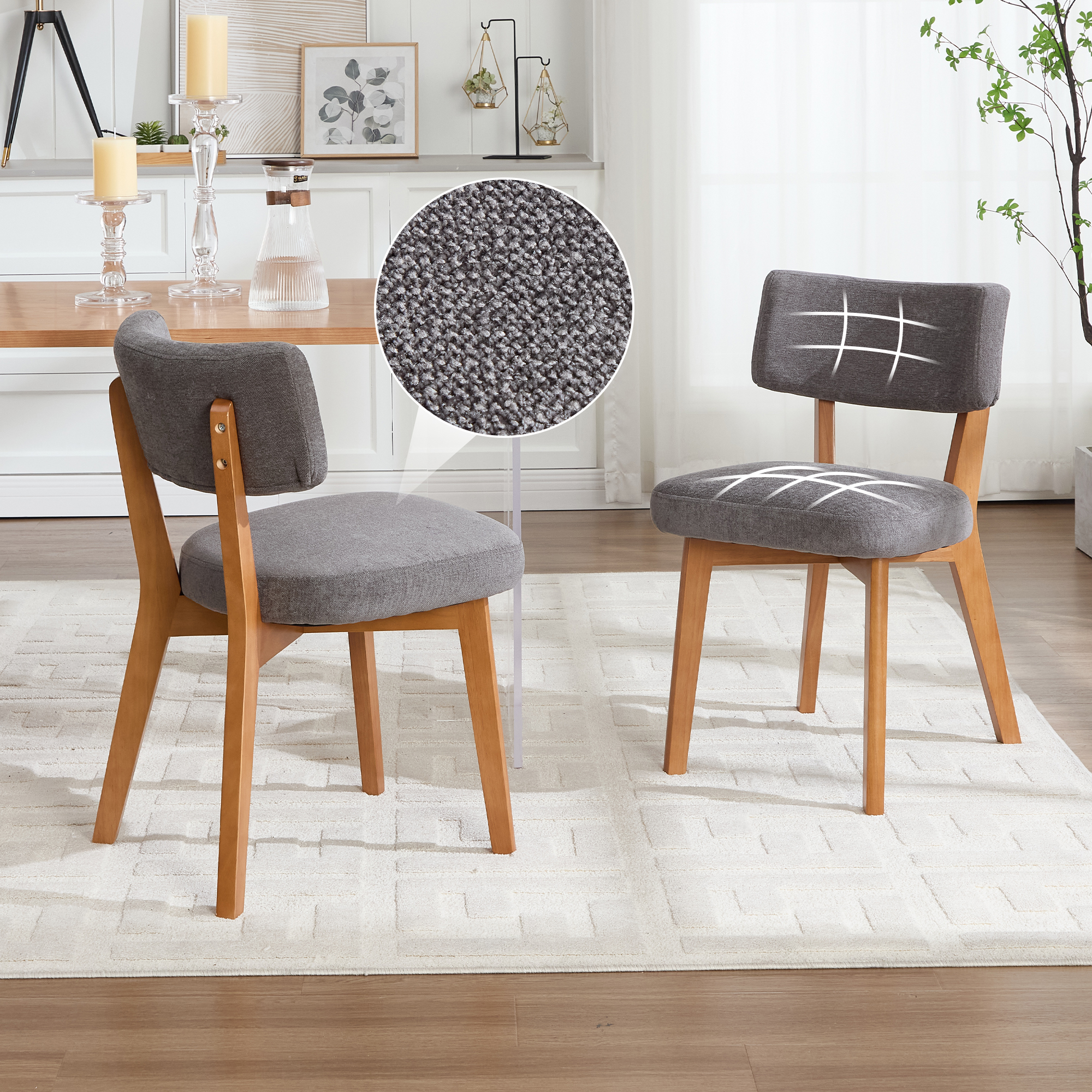 Modern Mid-Century Style Dining Chair Set Of 2, Solid Wood Legs Fabric Upholstered Seat For Kitchen, Dining Room Or Office Gray Linen Fabric 3