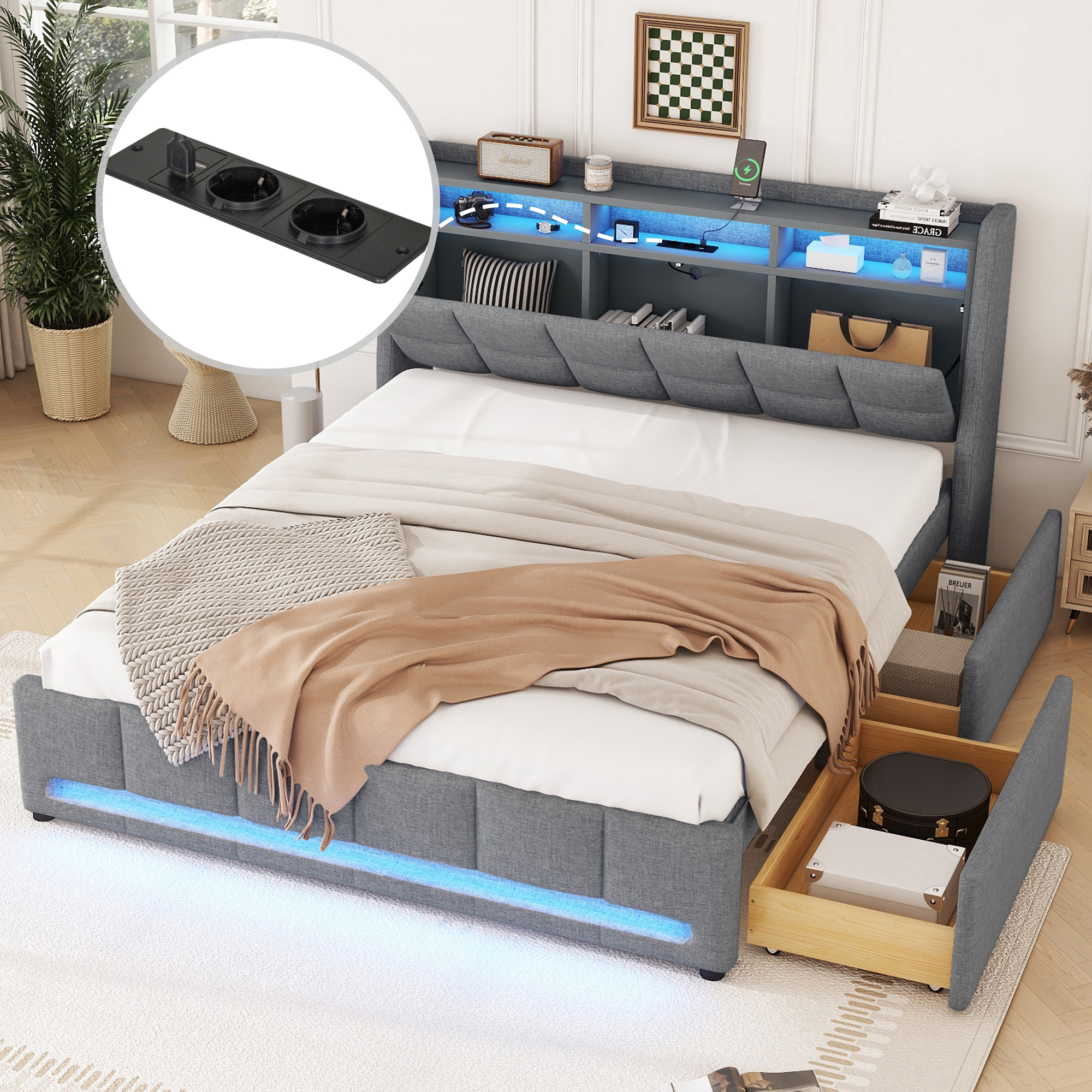 Upholstered Bed, 140 X 200 Cm, Without Mattress, APP Remote Control LED Light, Bed With Drawers With Sockets And USB, Built-in Storage Compartment, Linen, Grey