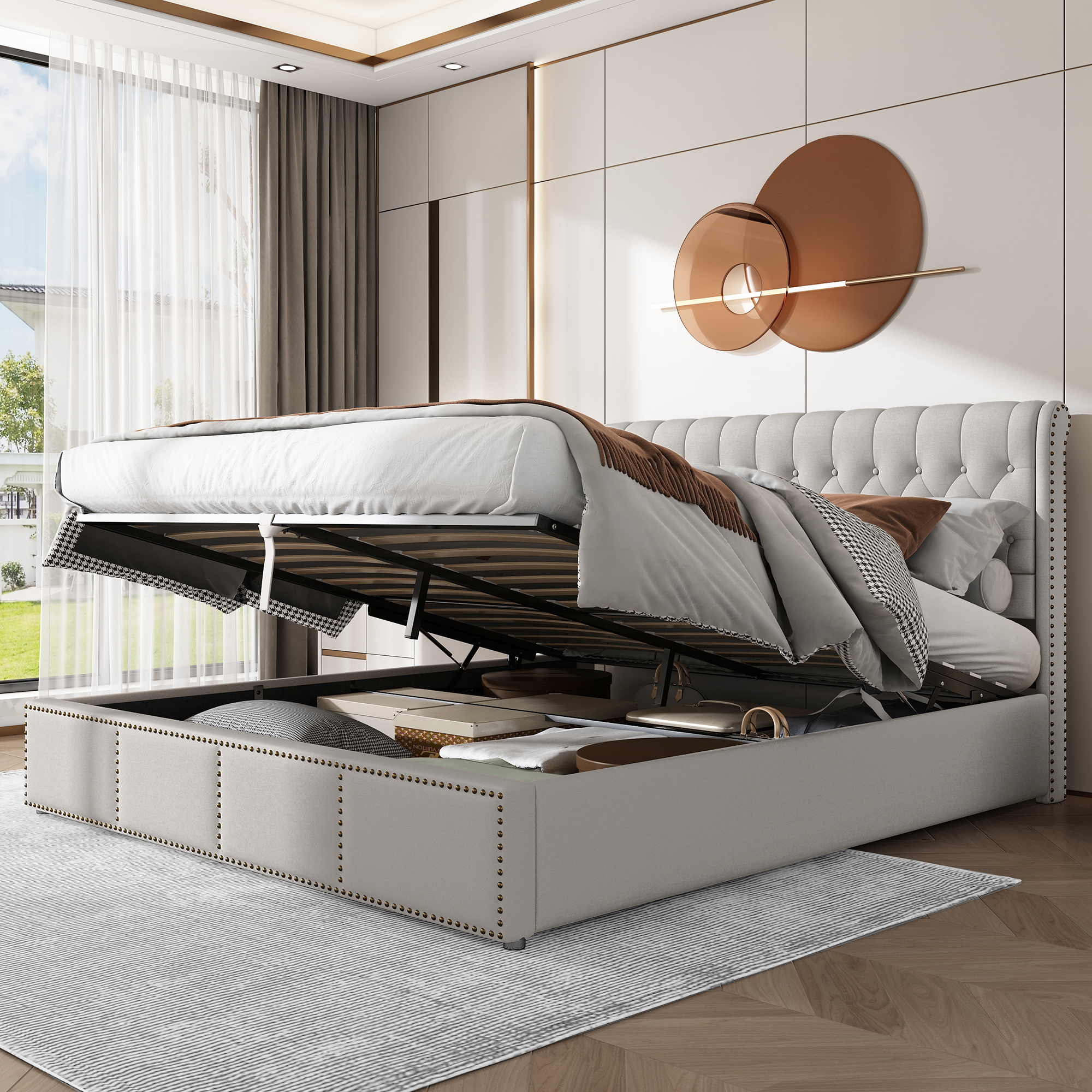 Cotton-linen Upholstered Bed, With Hydraulic Lever, Storage Of Bed Drawers, Rivet Decoration, 160 X 200 Cm, Without Mattress, Light Grey