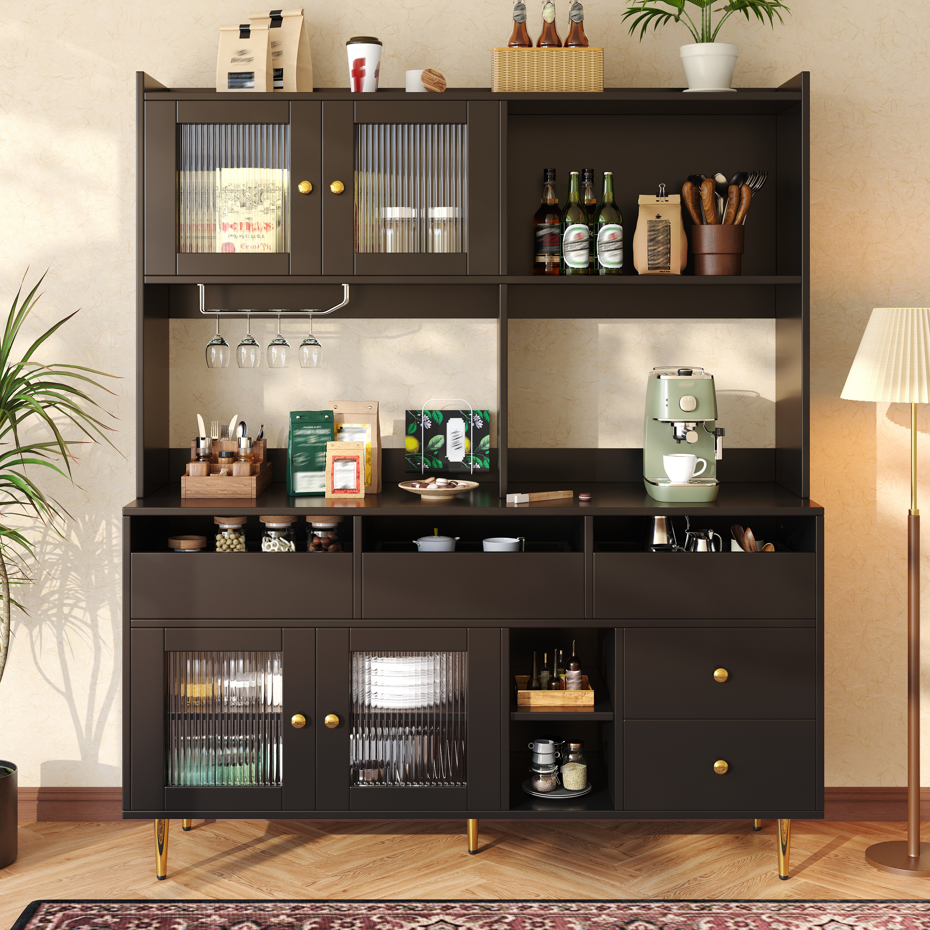 Tall Dining Room Cabinet  145 X 39 X 171 Cm  With Perforated Glass Doors, Wine Glass Shelf, Multi-tiered Storage Space, Elegant Black With Gold Decor, Suitable For Use In The Dining Room  Previous Sku