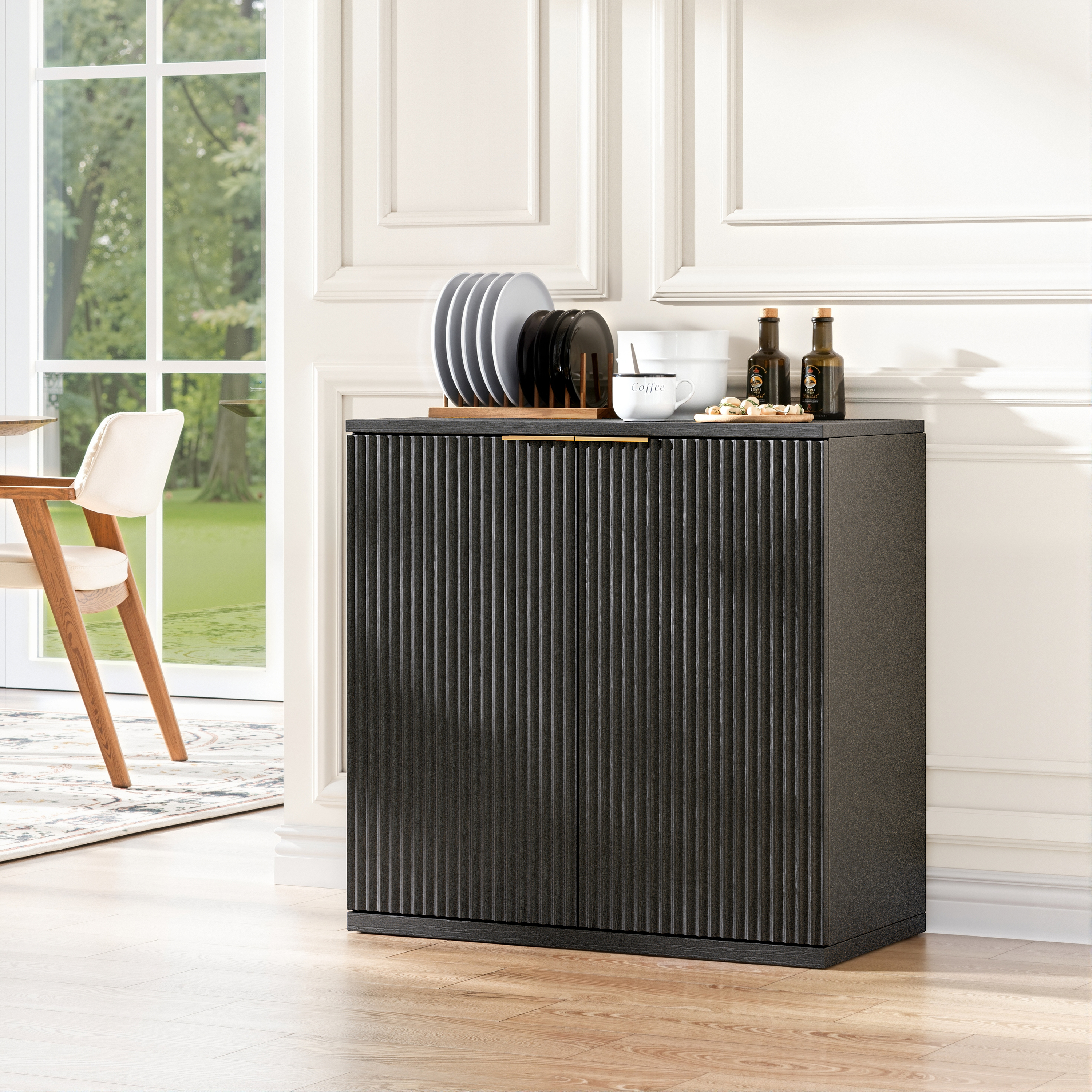 Modern Storage Cabinet With Pleated Front And Metal Handle, Multifunctional Sideboard Cabinet For Living Room & Bedroom, Natural Light Wood Decor, Black, 60x30x70 Cm
