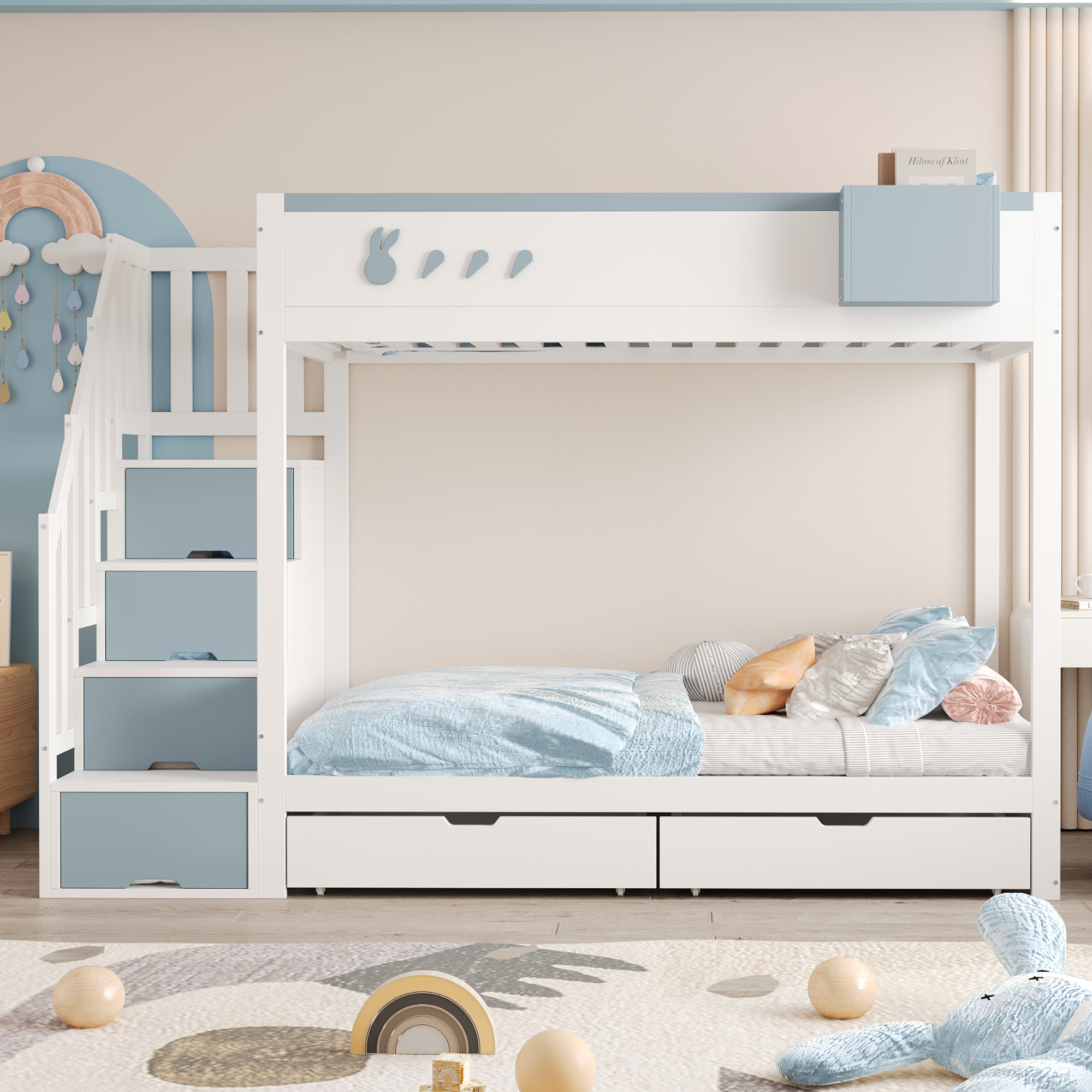 Bunk Bed Cot 90x200 Cm, With Rabbit And Carrot Motifs, Removable Storage Compartment, Secure Storage Ladder, Drawers, Slatted Base, Double Bed, White  Blue