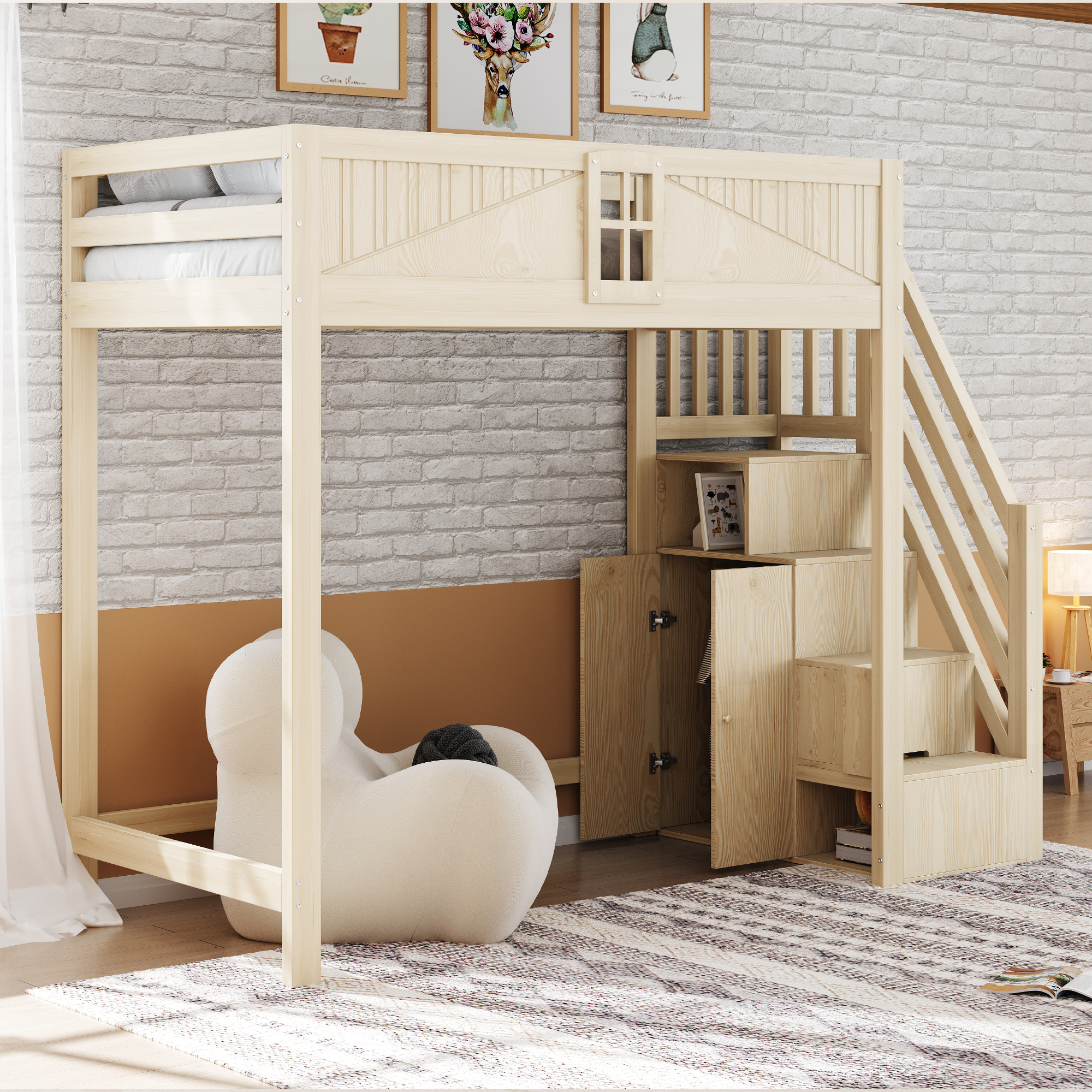 Solid Wood Loft Bed 90 X 200 Cm, Unique Security Door With Window, Side Storage Safety Ladder Left And Right Interchangeable, Multifunctional Bed, Wood Colour