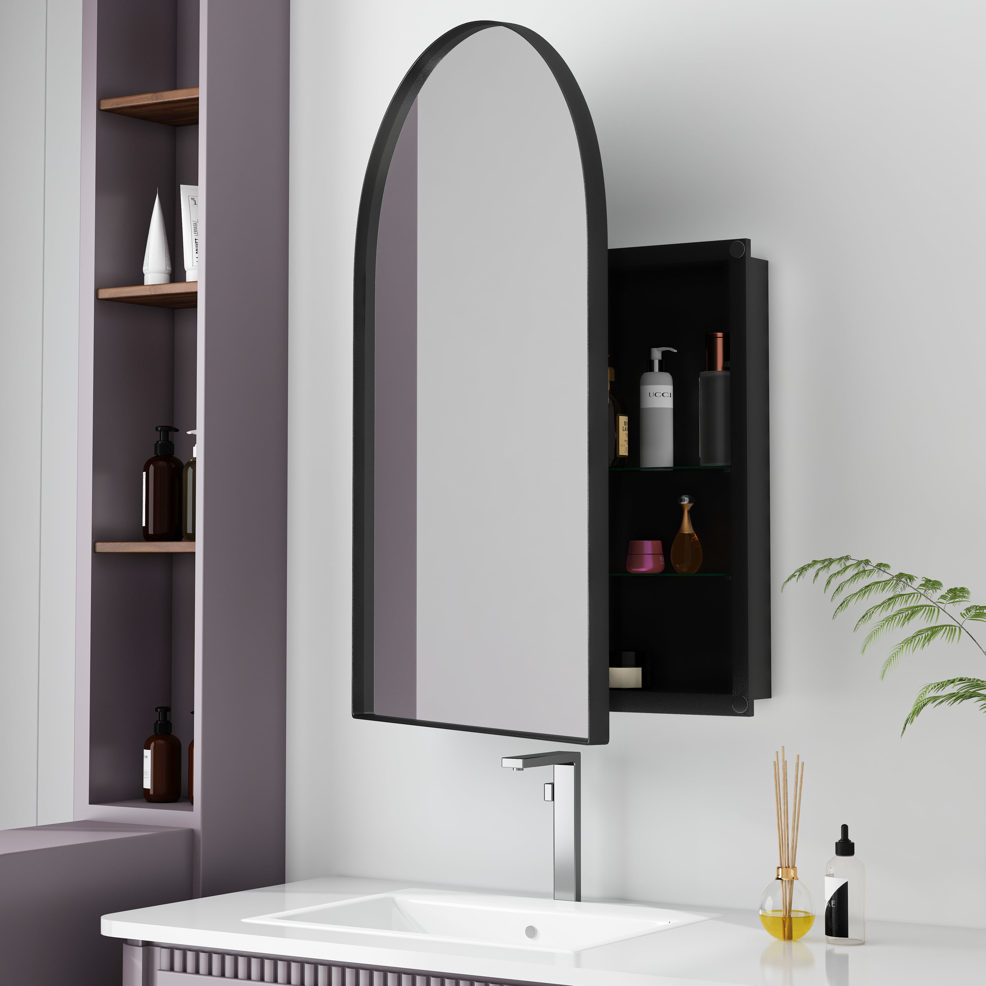 Stylish Arched Mirror Cabinet, Recessed Medicine Cabinet, Wall Cabinet With Metal Framed, Mirror And Adjustable Shelves, Mirror Cabinet With Storage For Bathroom, Living Room And Bedroom, Black — foto 3
