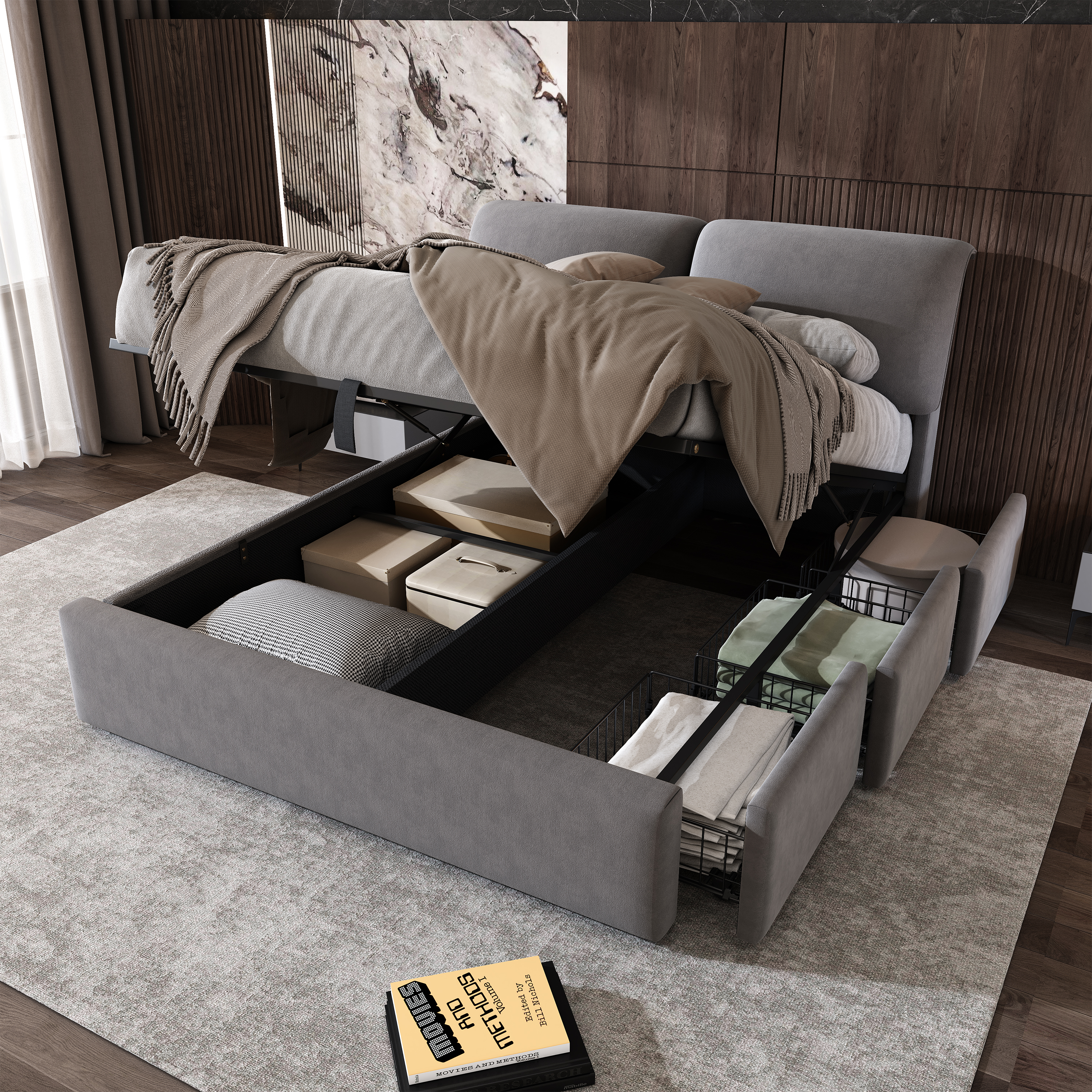 Upholstered Bed, 140x190, Hydraulic Bed Base, Three Drawers, Storage Box, Slatted Bed Base With Headboard, Without Mattress, Velvet, Grey