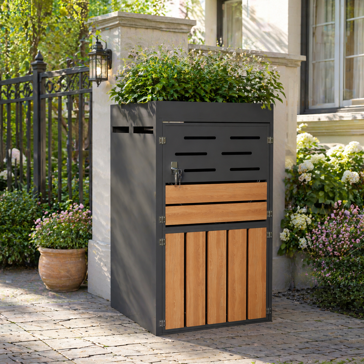 Multifunctional Outdoor Cabinet With Integrated Planter, Louvered Ventilation And Galvanised Steel Frame  Lockable Doors With Safety Chain For Storage & Garden Decoration, Without Waste Bin