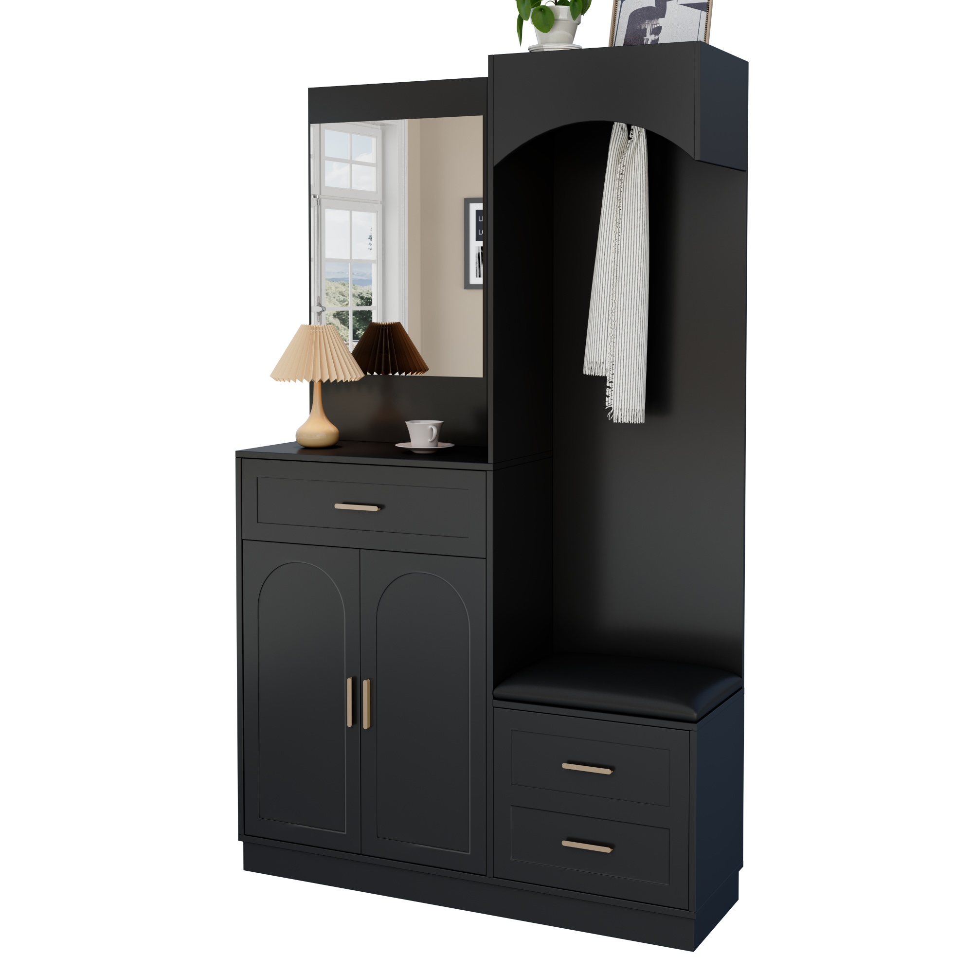 Modern, Compact Wardrobes, Wardrobe Cabinet And Shoe Cabinet Combination, Entrance Wardrobe, Multifunctional Storage Shelf With Mirror