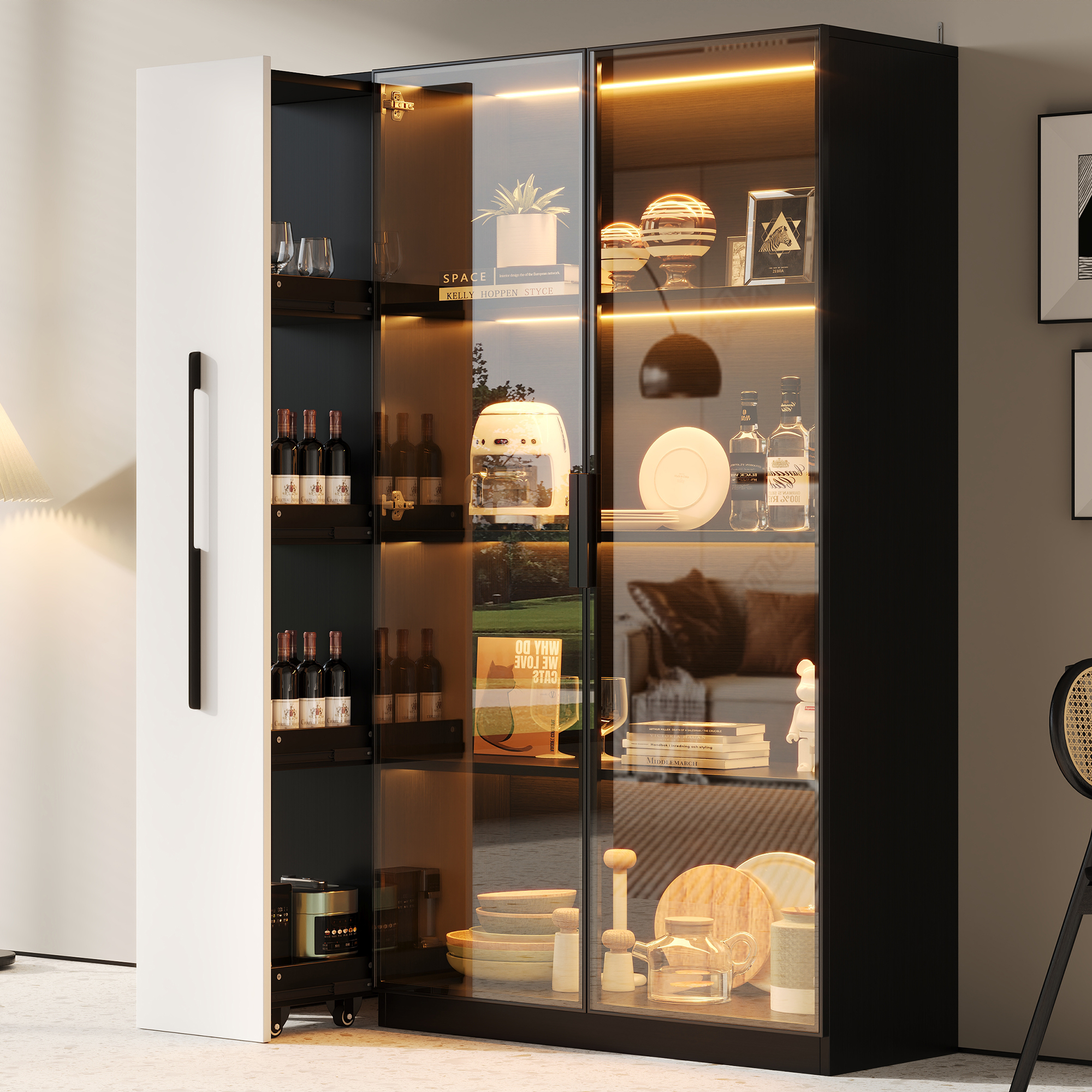 Multifunctional Cabinet 110.5X35X160 Cm - Display Cabinet With Glass Door And LED, Side Pull-out, Roller Cabinet - Design In White And Black, Tall Cabinet In Modern Style, Bookcase, Bathroom Cabinet,