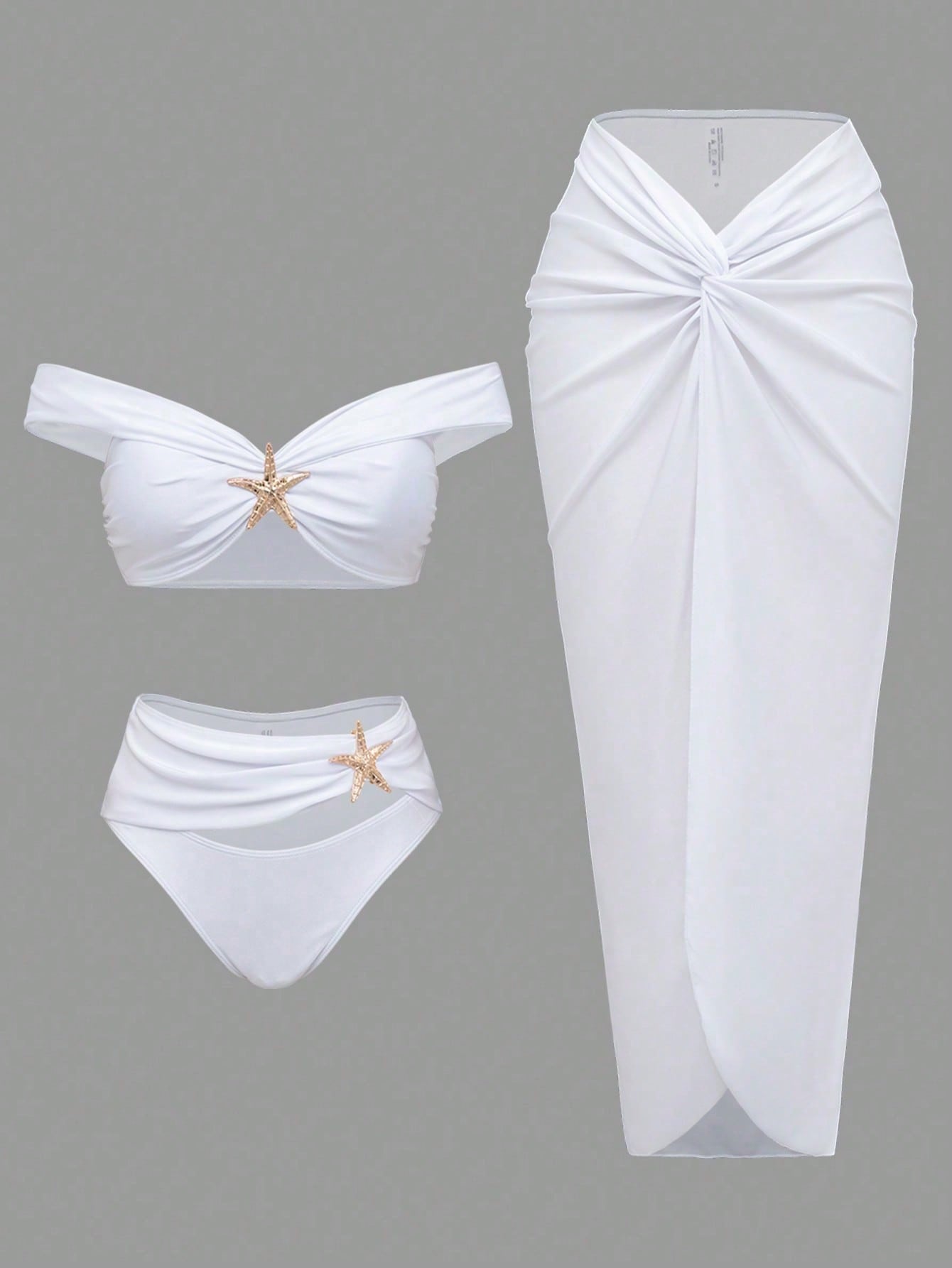 White Off Shoulder Starfish Decor Bikini Set With Twist Front Cover Up Skirt