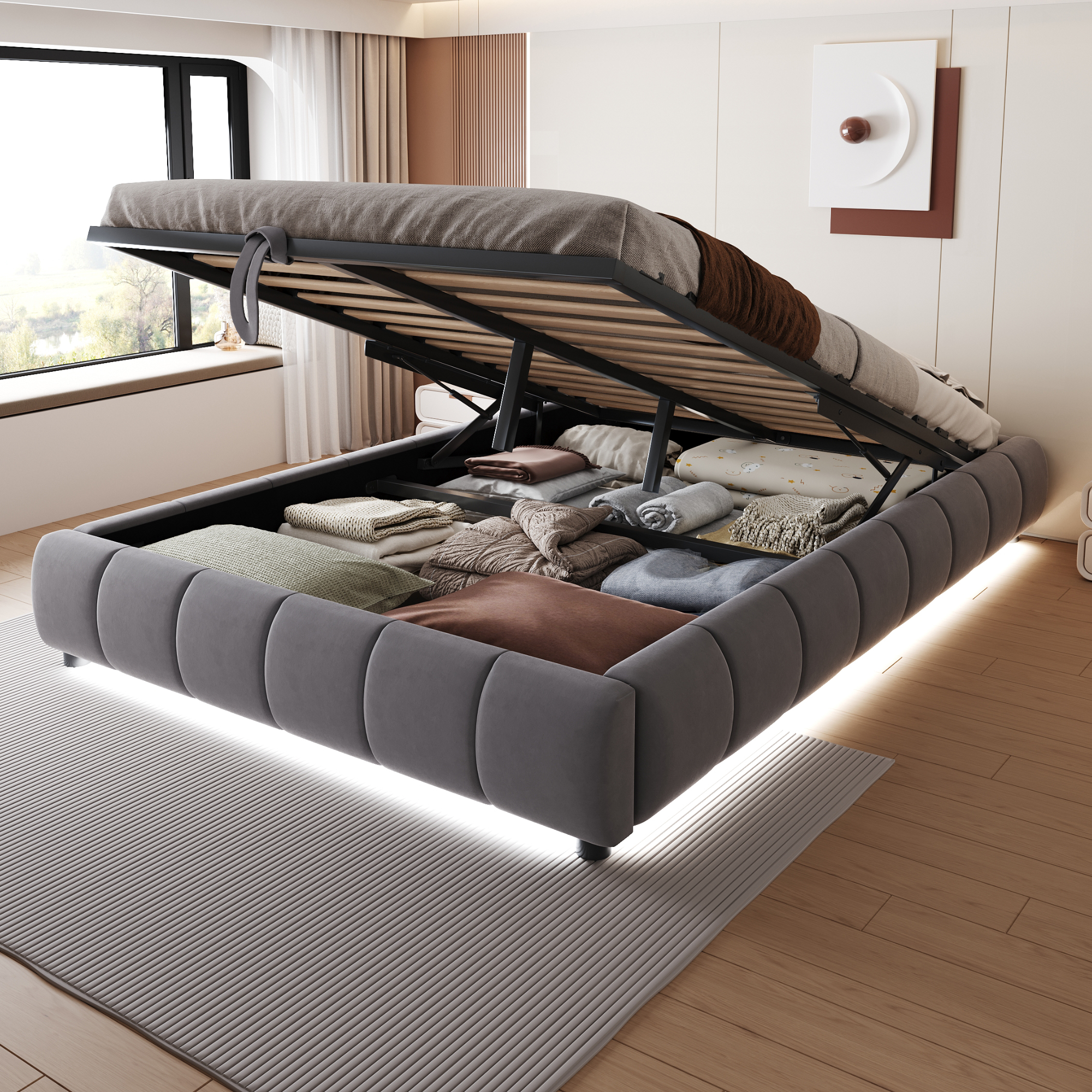 Upholstered Bed 140 X 200 Cm, Without Headboard, With LED Light Strip  One Colour , Hydraulic Floating Bed Frame With Storage Space, Single Bed, Youth Bed, Grey