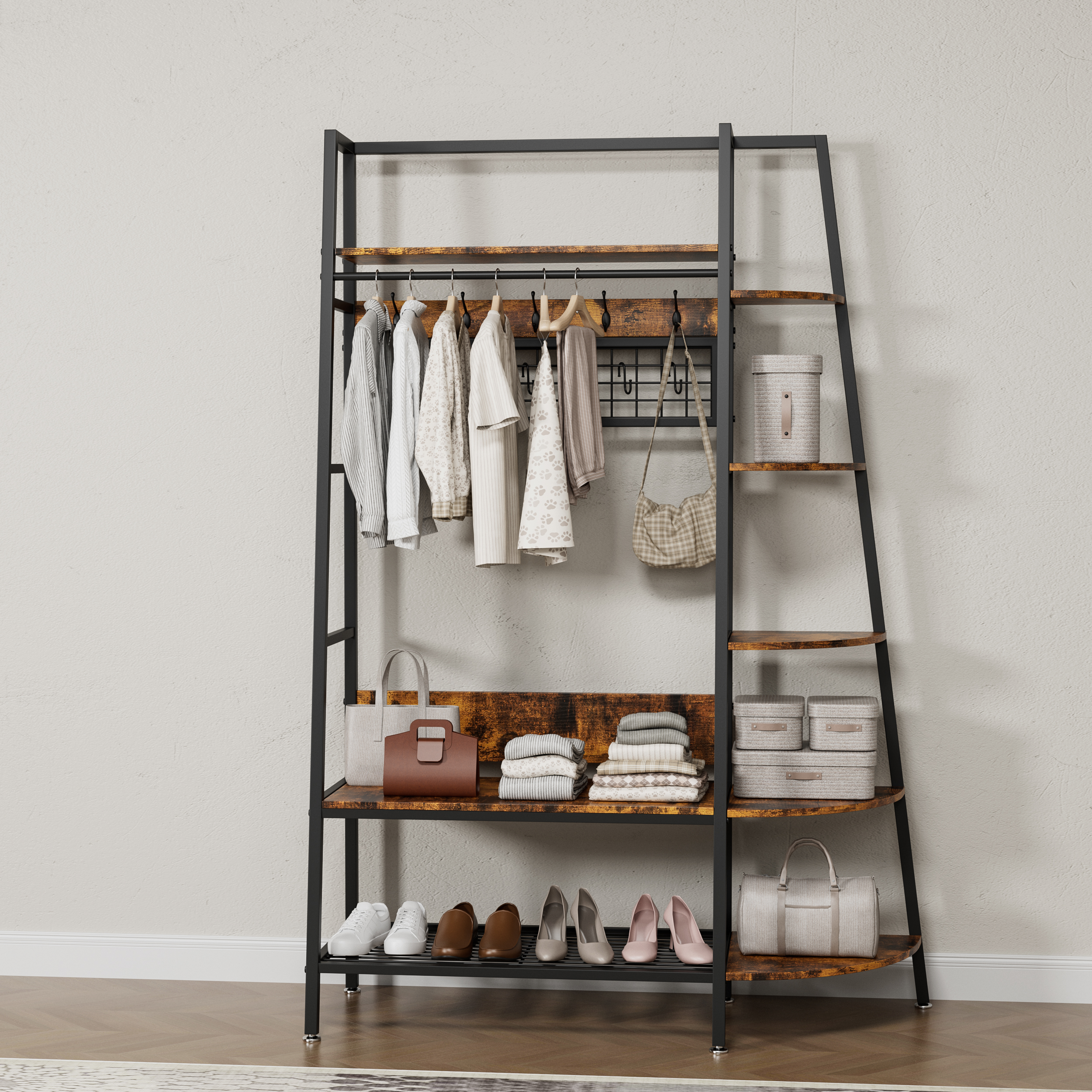 Industrial Style Freestanding Open Coat Rack With Shelves - Retro Brown Hanging Rack For Bedroom, Living Room & Home Office - Multi-Functional Clothes & Shoe Storage Organizer