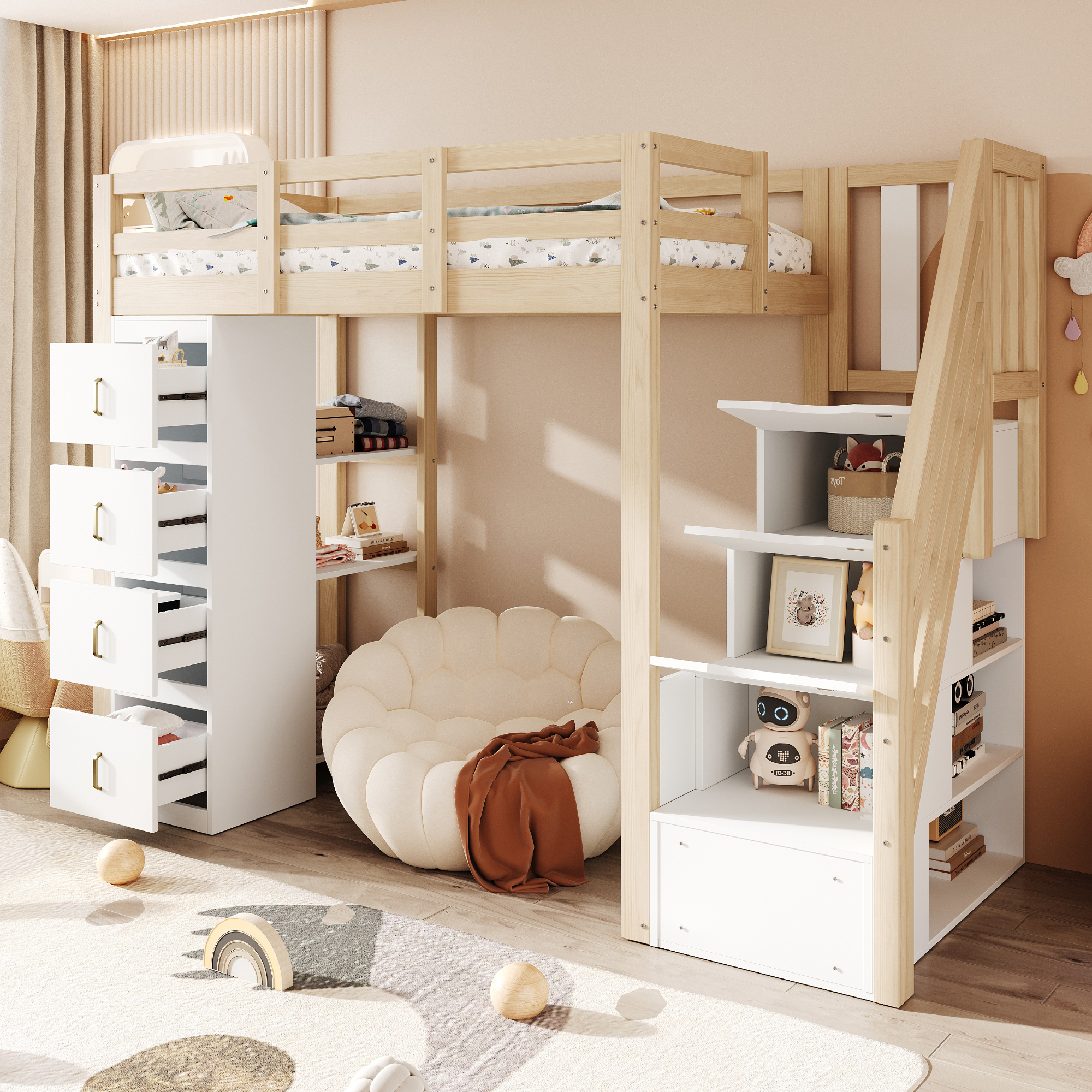 Loft Bed 90 X 200 Cm With Storage Drawers, Multi-level Shelf, Secure Ladder With Storage Drawers, Multifunctional Solid Wood Bed, Wood Colour. Old SKU  LDT00277AAN