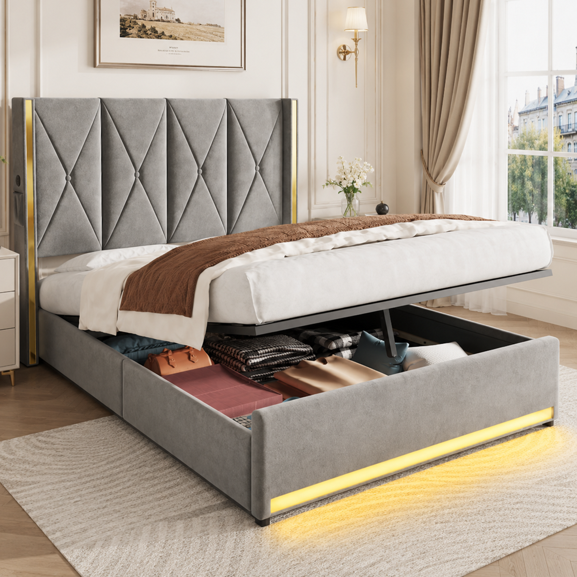Velour Bed With High, Softly Padded And Quilted Headboard, Side Pockets, USB & LED, Hydraulic Lever System & Large Underbed Storage Space  Combines Design, Comfort And Practicality 160x200cm