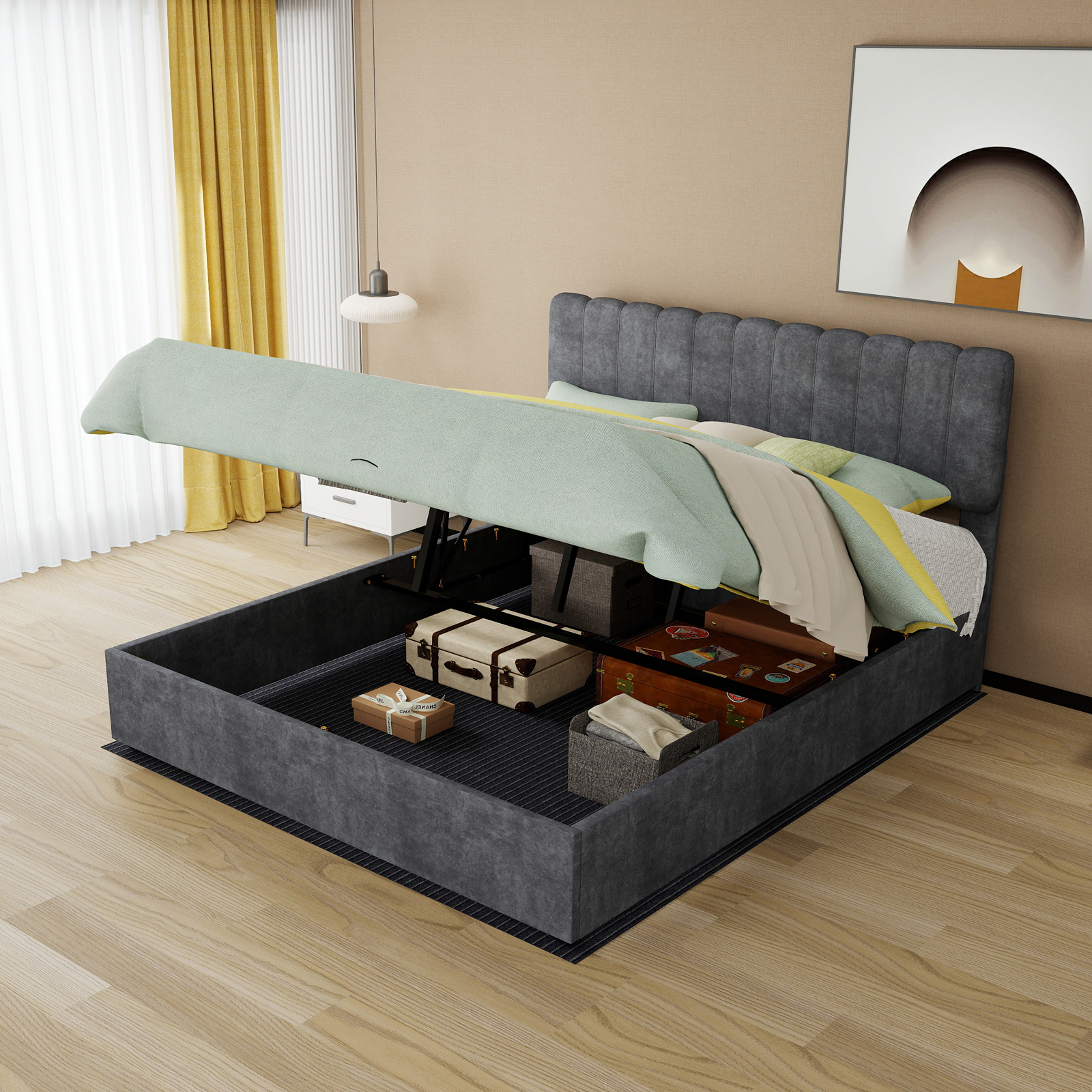 Modern Minimalist Upholstered Bed With Soft And Comfortable Headboard, 160x200 Cm, Grey, Multi-Functional Bedroom Furniture, High-Profile Storage Base With Gas Lift Mechanism, Mattress Not Included.