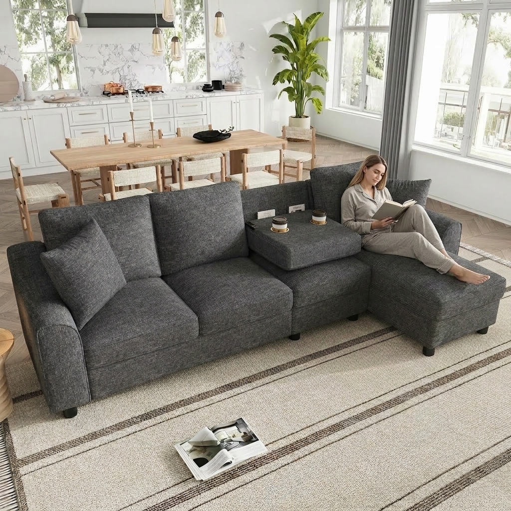 Modern Chenille L-Shape Sofa 3 Seater  Chaise Longue Corner Sofa, Chaise Lounge With Hinged Storage, Folding Backrest With Cup Holders, Multifunctional Modular Sofa, Grey, 280x136x82cm