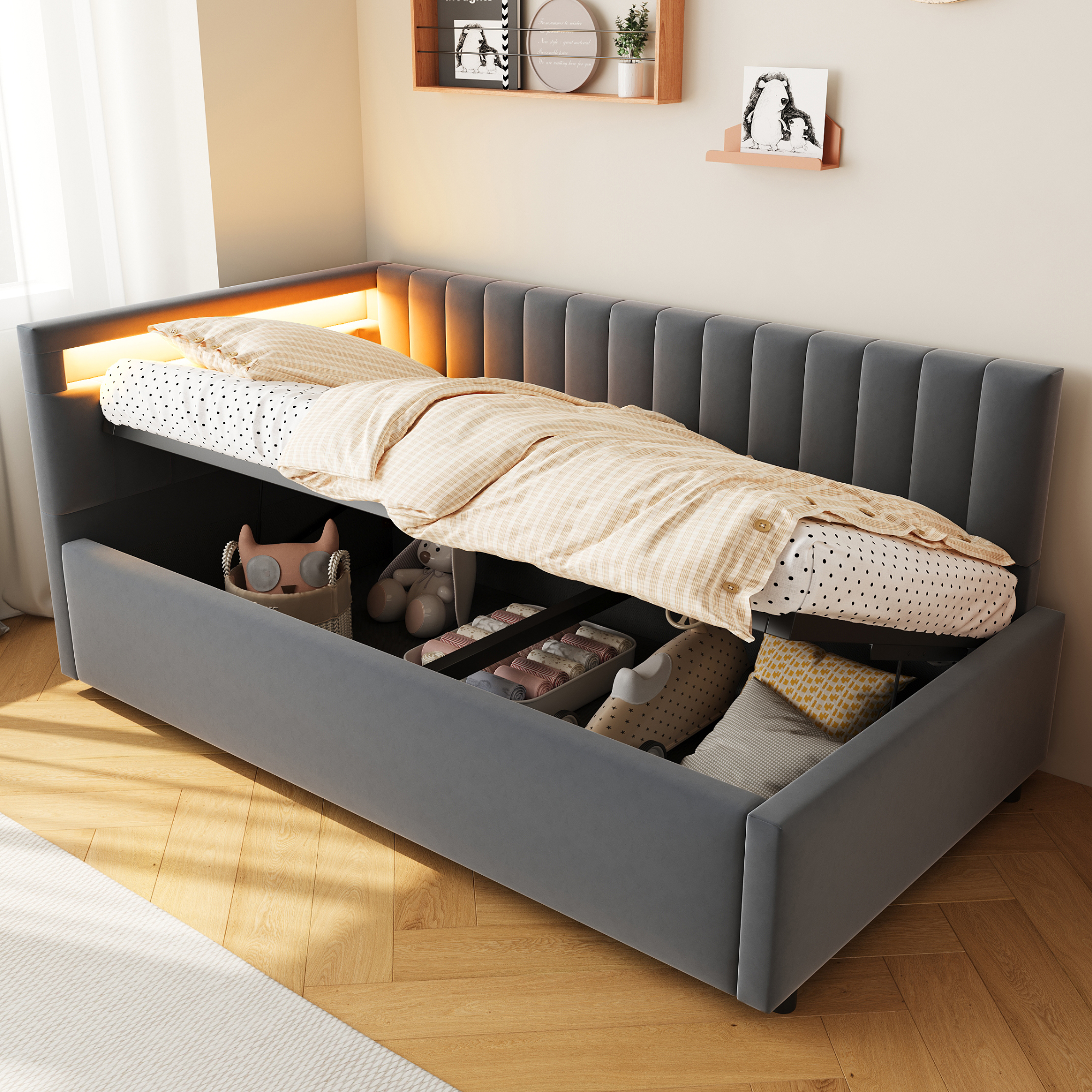 Upholstered Bed Sofa Bed 90x200, With LED Lighting And Hydraulic Storage, Classic Vertical Stripe Design, Side Headboards With Interchangeable Positions, Slatted Base, Velvet Fabric, Grey