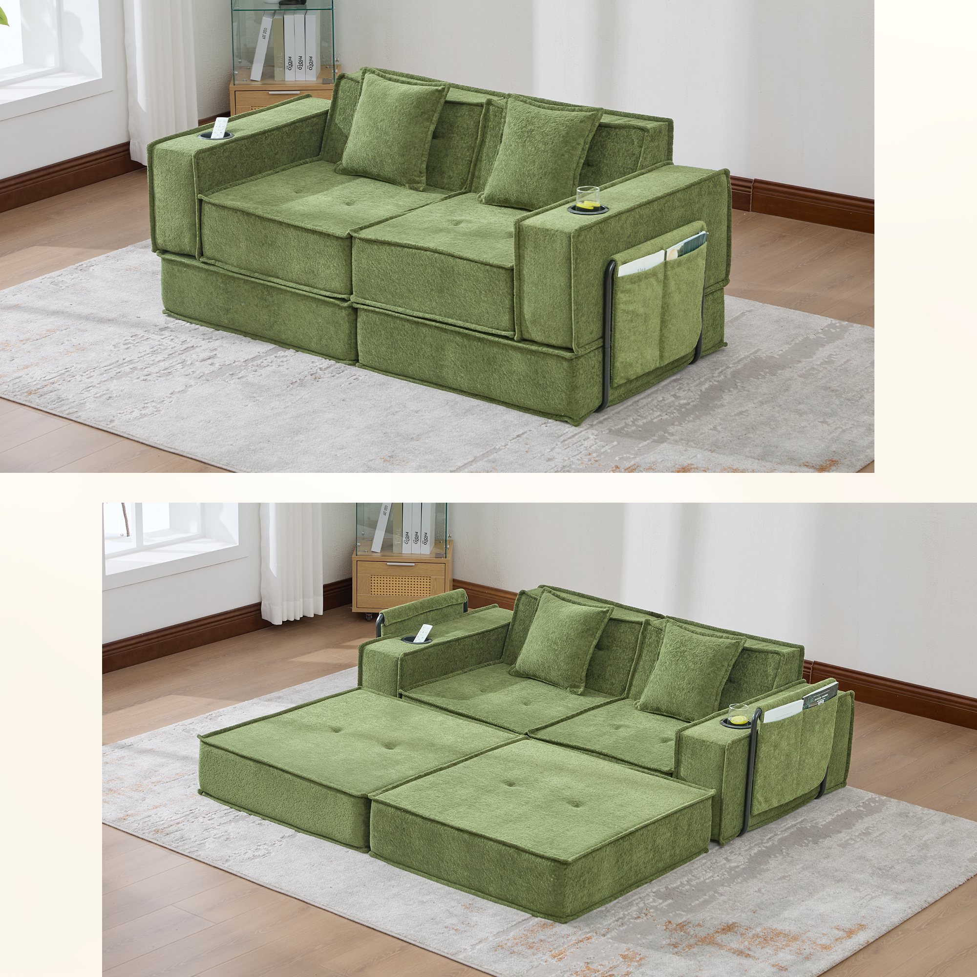 Modern Double Sofa Bed With A Comfortable Two-seater Fabric Sofa With Two Cushions. A Stylish Decorative Footstool With Side Storage And Cup Holders, Ideal For Reading Corners, Playrooms And