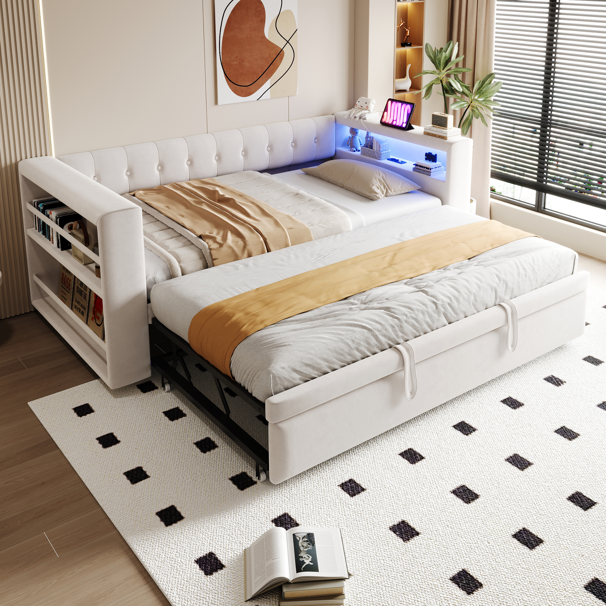 Upholstered Bed 90 180X190 Cm, With LED Lighting, Sockets And Plenty Of Storage Space Upholstered Bed, Multifunctional Sofa Bed, Single Bed, Beige