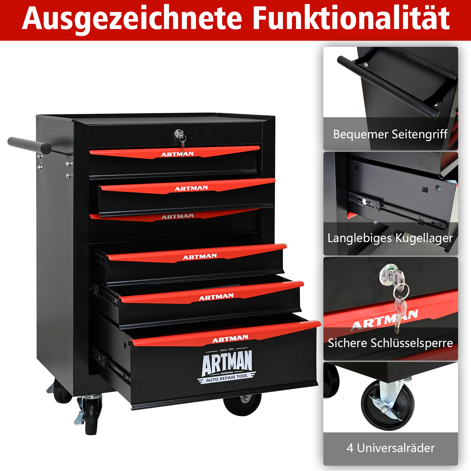 Rolling Metal Toolbox With 6Drawers, 6 Shy Tool Cabinet With Ball Bearing Drawer Slides, Steel Tool Storage Box Organizer Black & Red 2