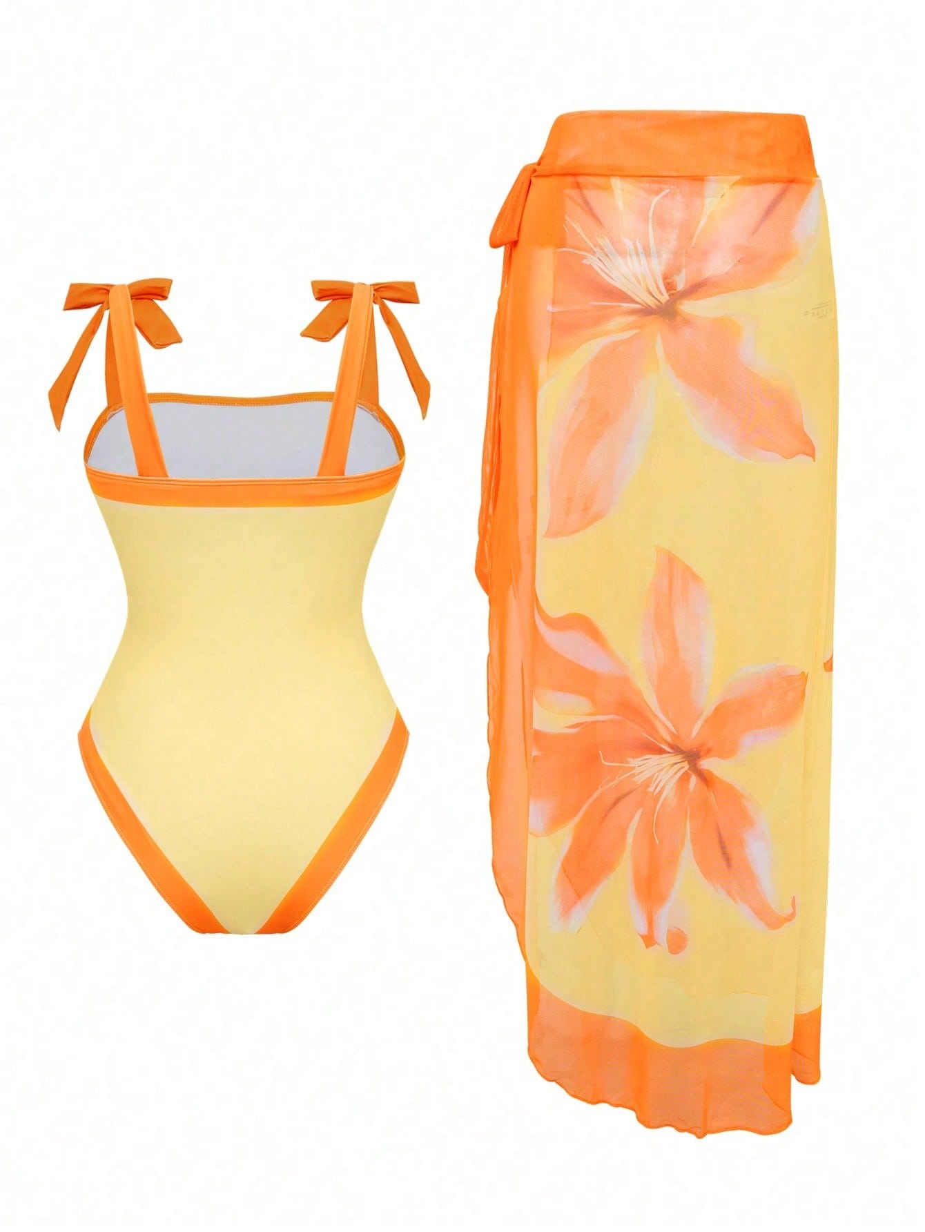 Yellow & Orange Floral Print Tie Strap One-Piece Swimsuit With Matching Sarong Cover Up — foto 3