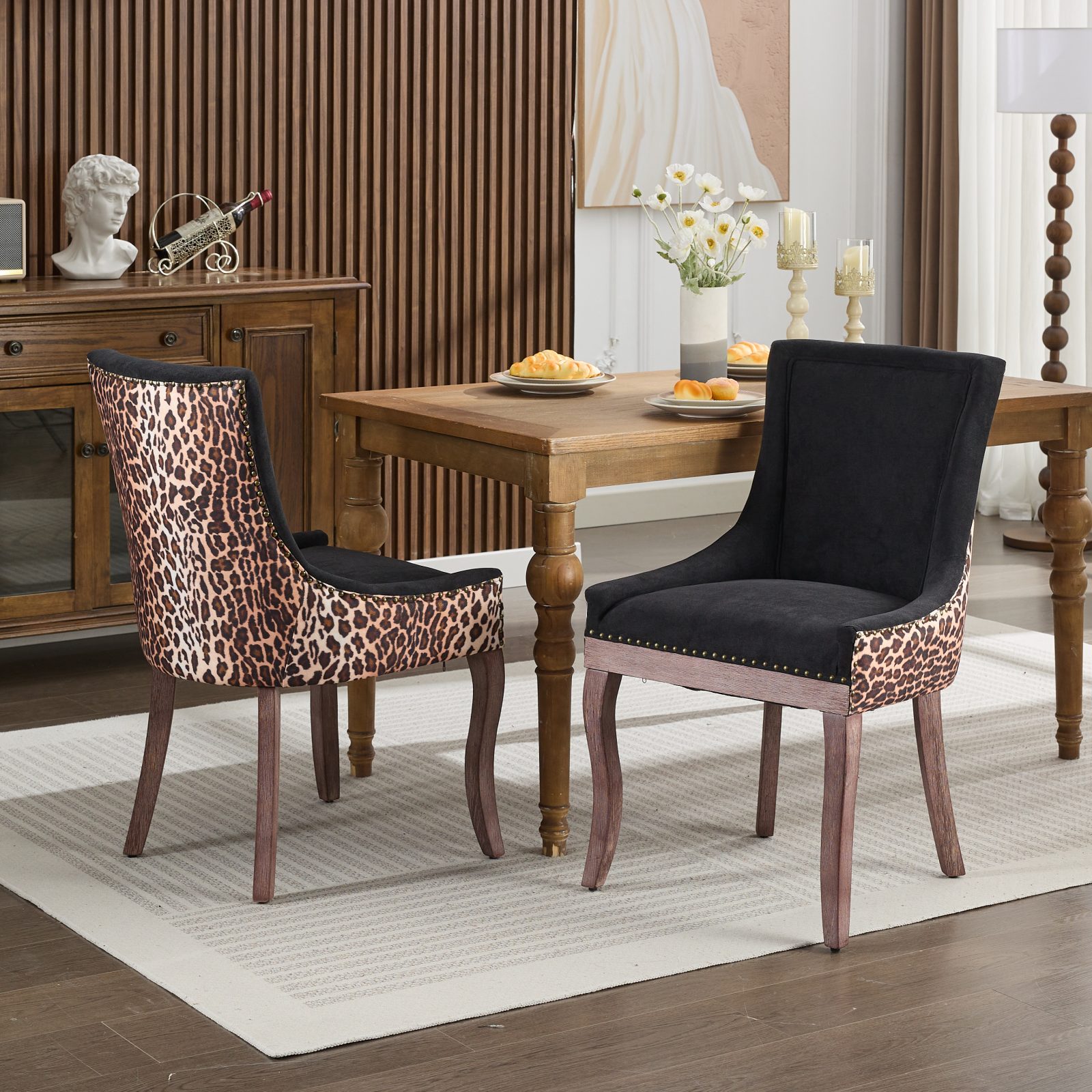 A&A Furniture,Ultra Side Dining Chair, Thickened Fabric Chairs With Neutrally Toned Solid Wood Legs, Bronze Nail Head, Set Of 2,Leopard Print,DE1807LP