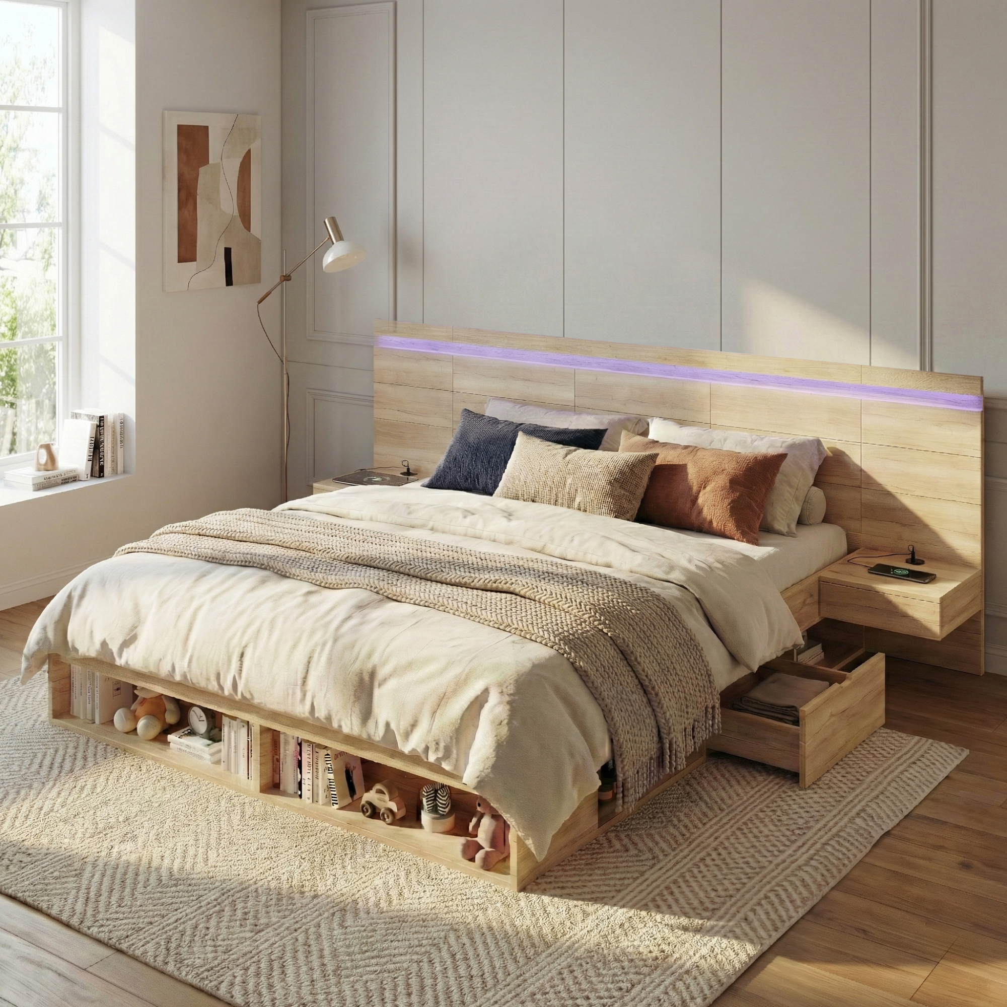 Double Bed 180x200cm, Storage Bed, Wooden Bed, Youth Bed, With USB& Type-C Charging Station And LED Lighting, With 2 Bedside Tables, With Drawers, Natural Color