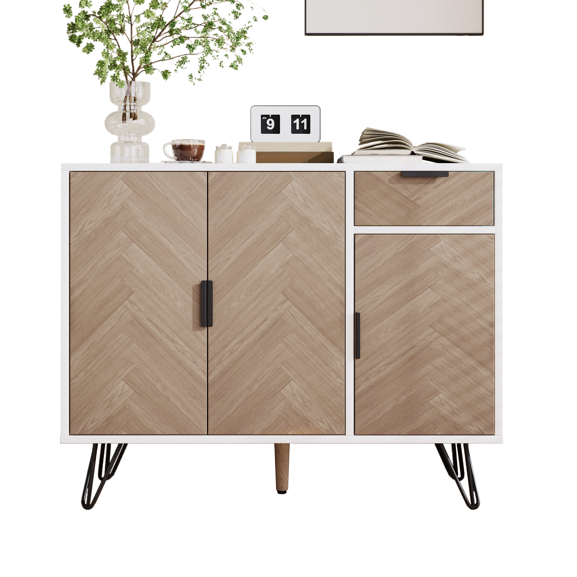 Modern Storage Cabinet, Sideboard In White And Wood Look With Drawer And Height-adjustable Shelves  90 X 30 X 71.5 Cm