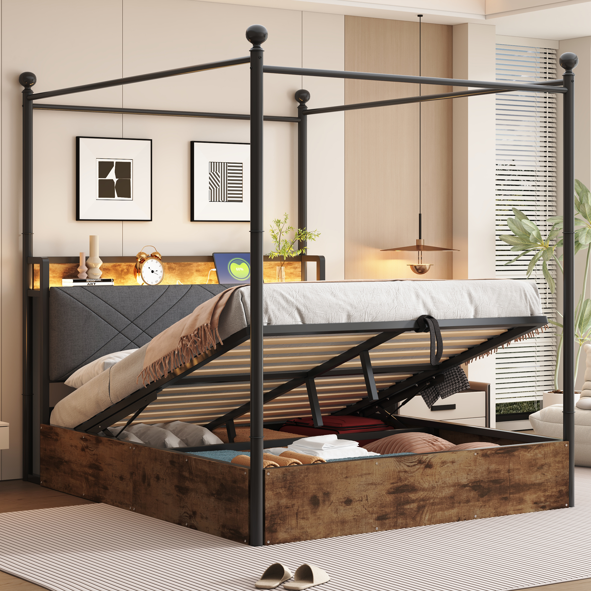 Multifunctional Double Bed Made Of Wrought Iron 140x190, With Hydraulically Liftable Bed Storage Space And Wrought Iron Canopy, With Removable Bed Posts With LED And USB Type-C, Adult Youth Bed, Black