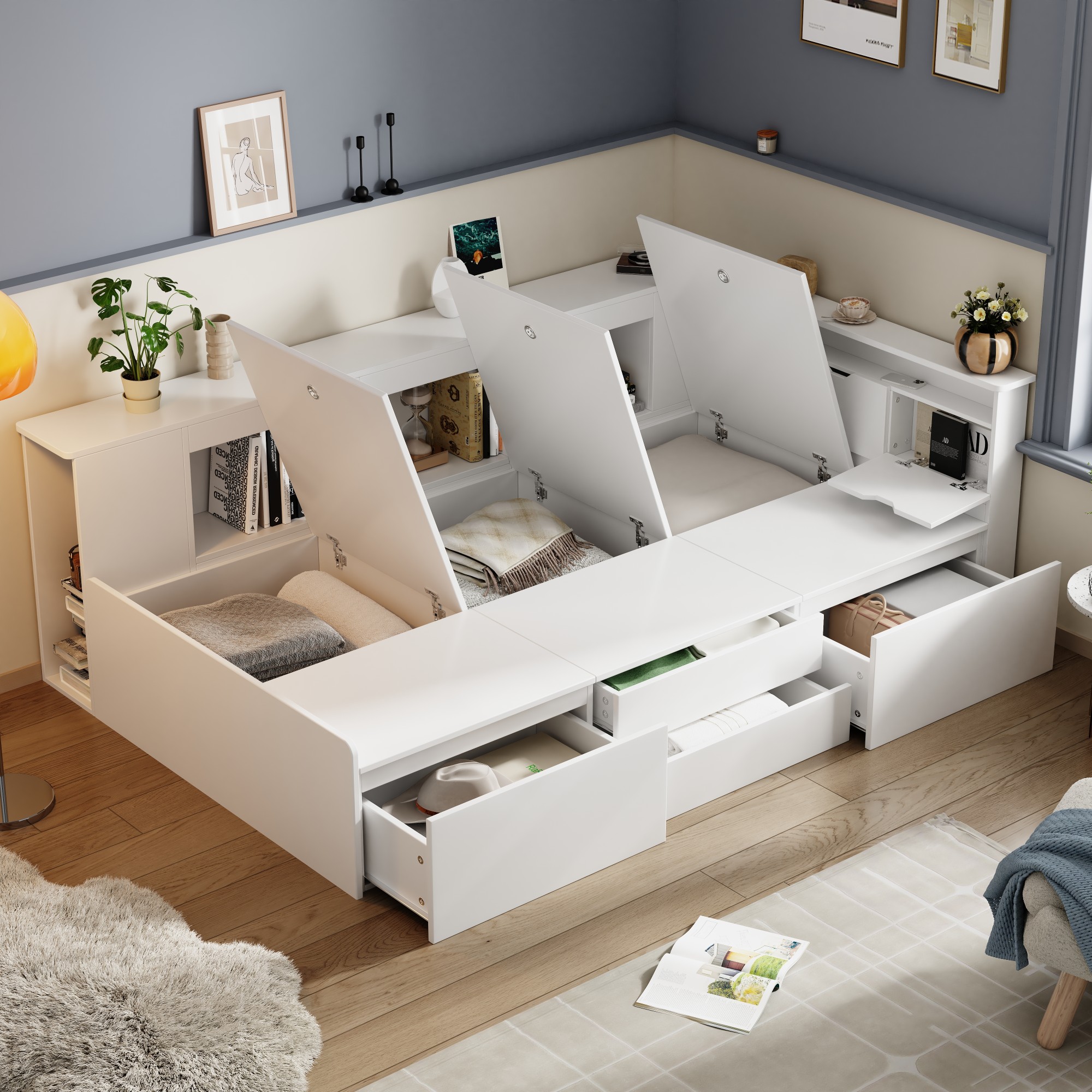 Baby Bed, 90x200cm, Single Bed, Multifunctional Baby Bed With Drawers, Bookcase And Storage Cabinet, Bed Box With Storage, Without Mattress, White