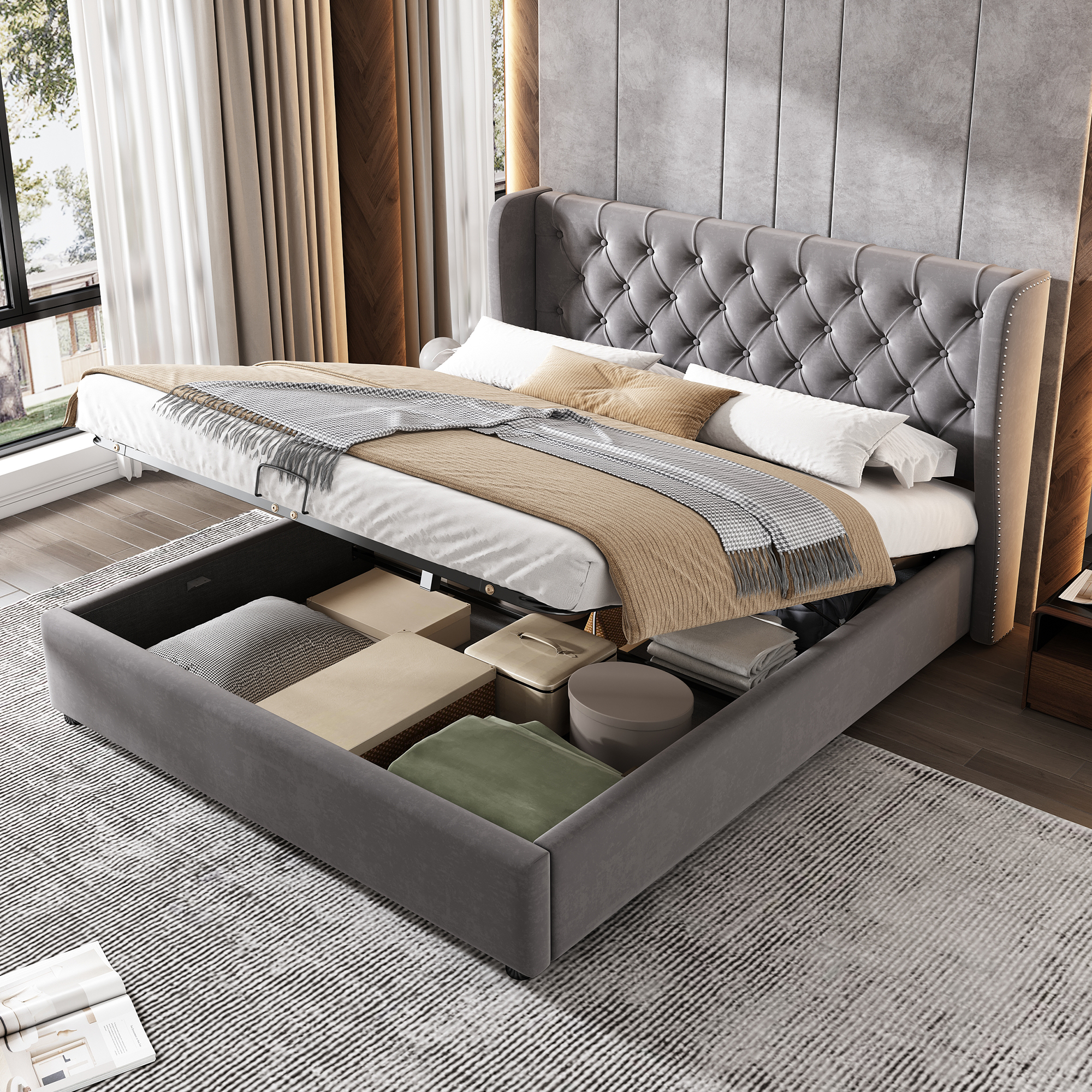 Upholstered Bed In Ear Shape, Velvet, Double Bed, 140x190, Hydraulic Functional Bed With Slatted Base And Storage Space, Grey