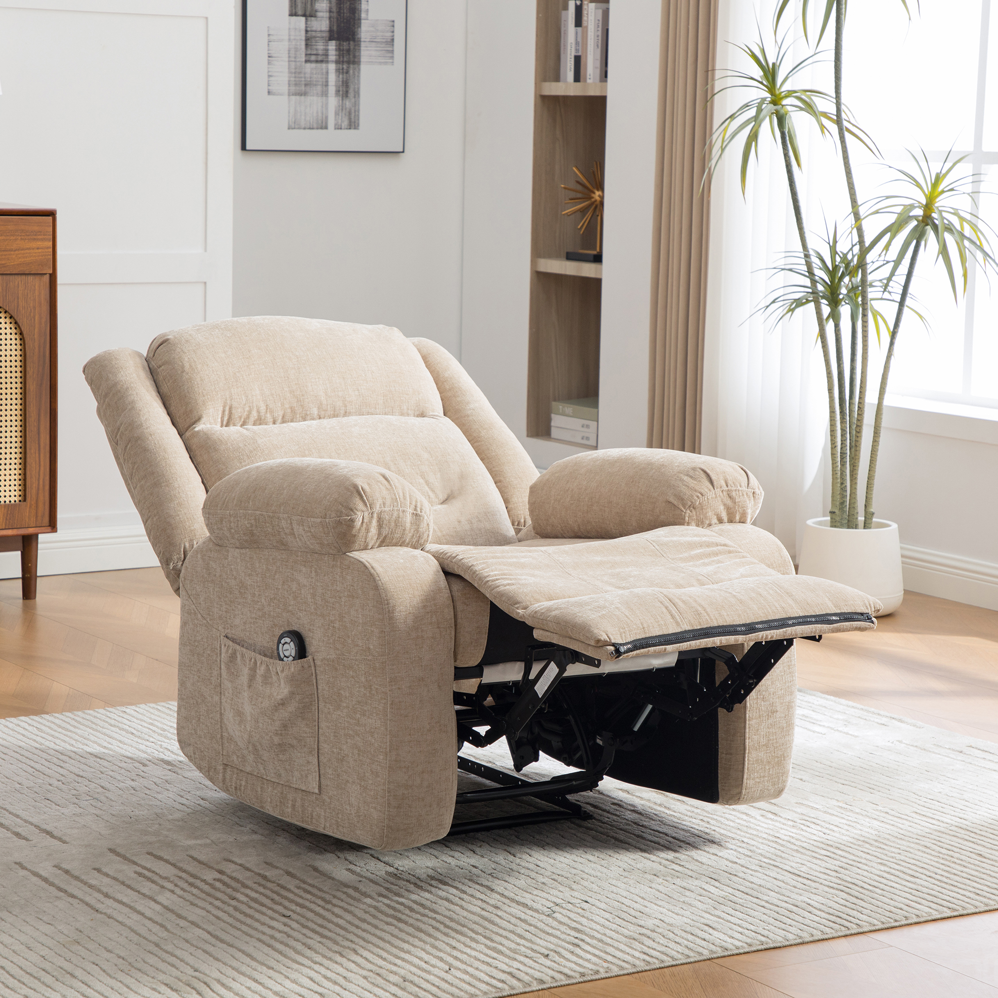 Multifunctional Electric Recliner With Electric Massage And Heat Function, Manually Adjustable Backrest And Footrest, And Side Storage Pockets.Light Khaki