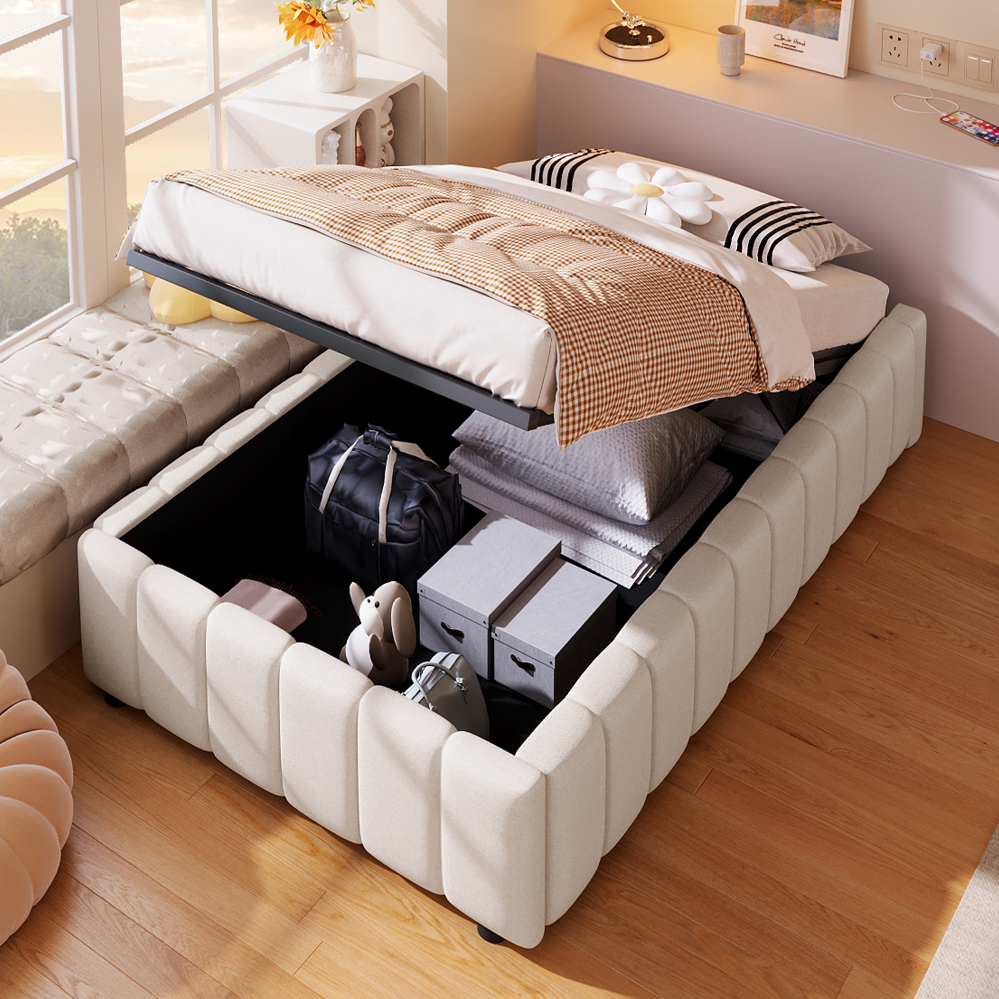 Upholstered Bed, 90x200cm, Hydraulic Storage, Without Headboard, Without Mattress, Beige