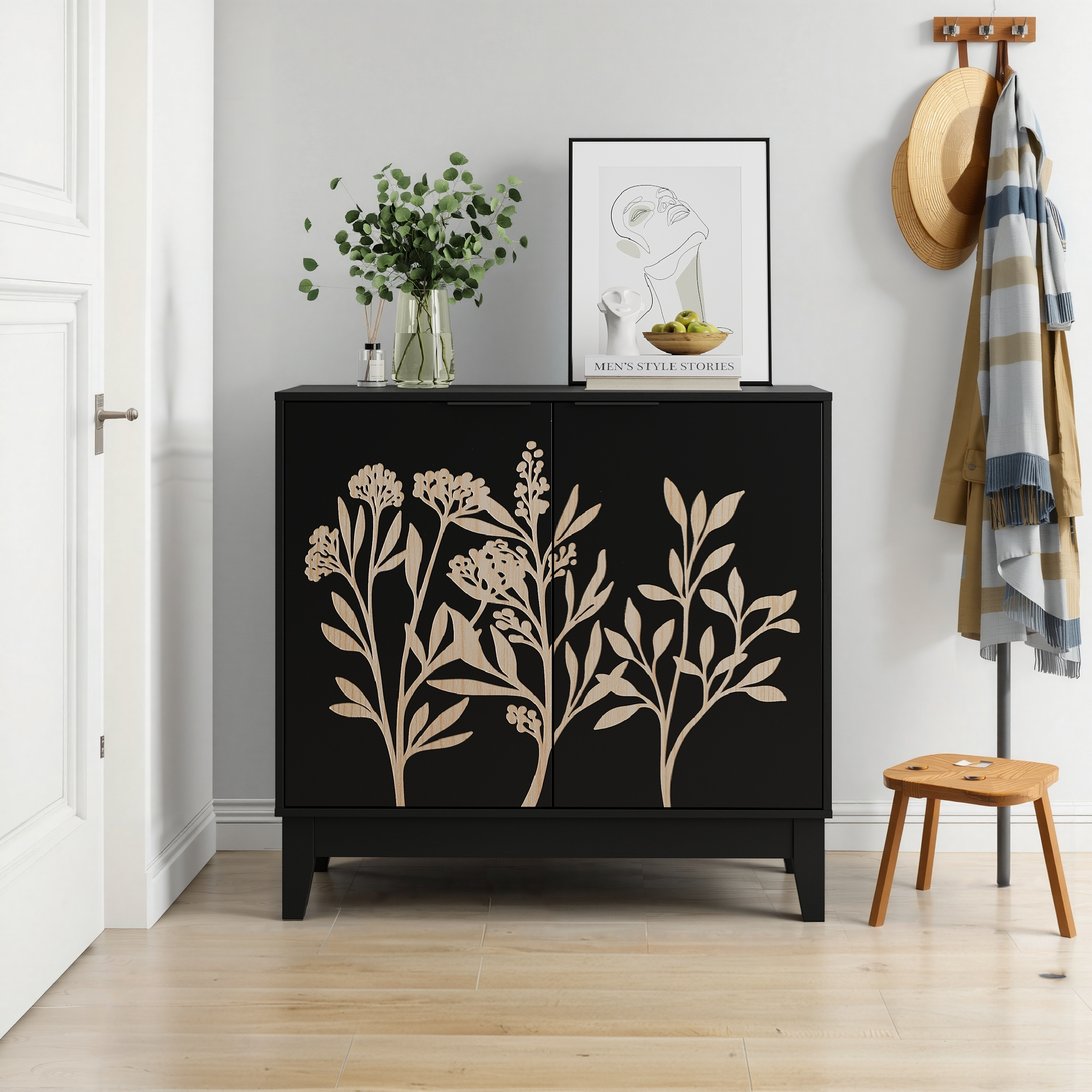80cm Vintage Buffet Cabinet With Carved Furniture, Decorative Sideboard Cabinet With 2 Doors And Adjustable Shelves, Decorative Wooden Cabinet With St