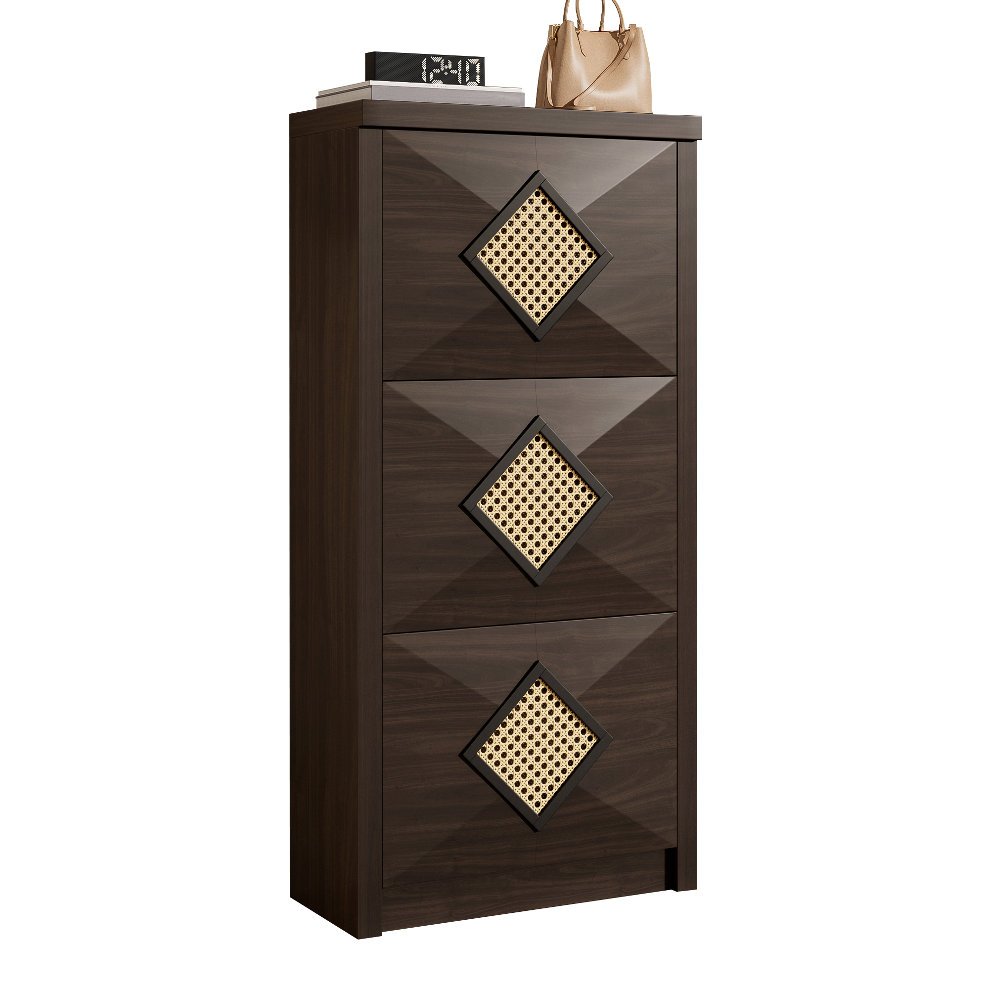 Vintage Shoe Cabinet With Rattan Decor, 3 Folding Compartments, Retro Shoe Rack Made Of Wood Look Dark Brown, Space-saving Shoe Cabinet 54x25x115 Cm,