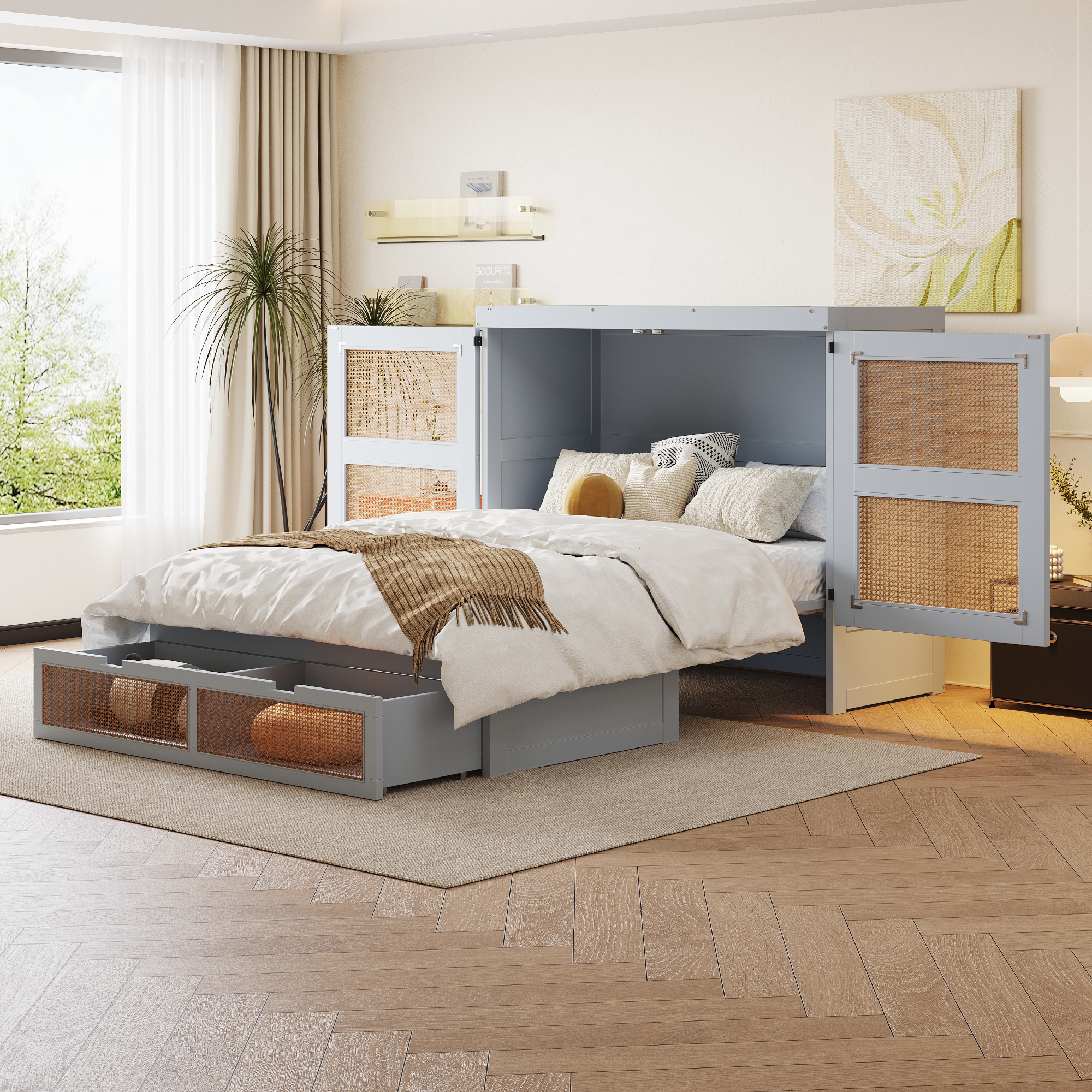 Cabinet Bed 140 X 200 Cm, Wall Bed With Latte-rust, Wall Folding Bed, Vertical Cabinet Bed With Latte-rust, With Storage Space Drawer, Rattan Design, Wooden Beds, Youth Beds, Single Beds, Gray
