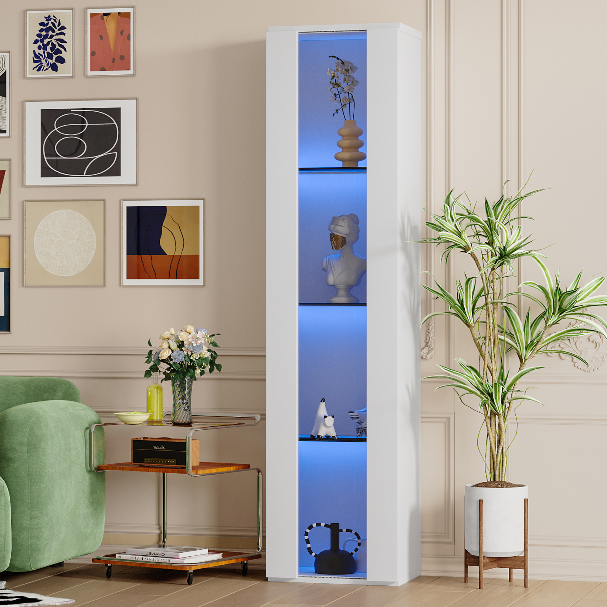 40 X 29 X 170 Cm, Multifunctional Display Case, Glass Partition, LED Color Changing Light, App Setting, Acrylic Plate, Simple Design, White