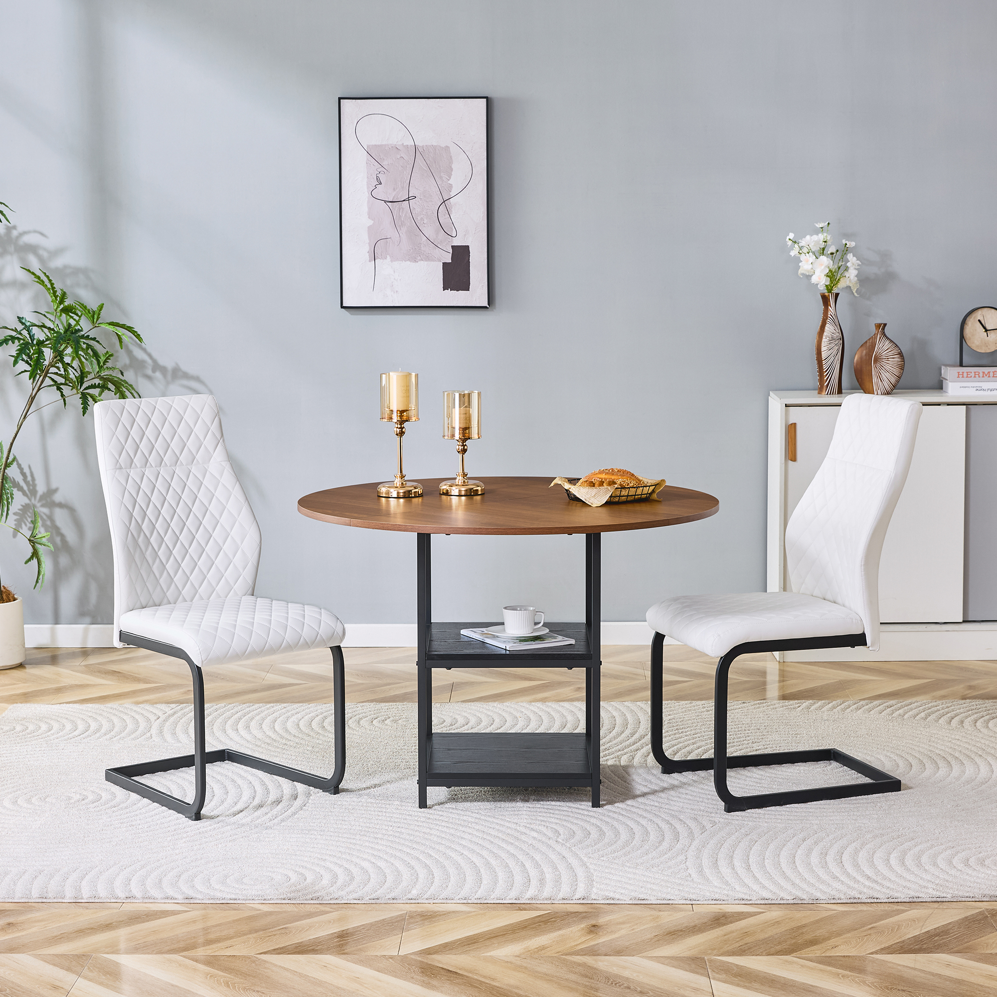 Table And Chair Set 107 Cm Round Dining Table With Double Storage Level  2 White Dining Chairs With Diamond Pattern, Made Of MDF  Medium-density Fibreboard  Industrial-style Metal.