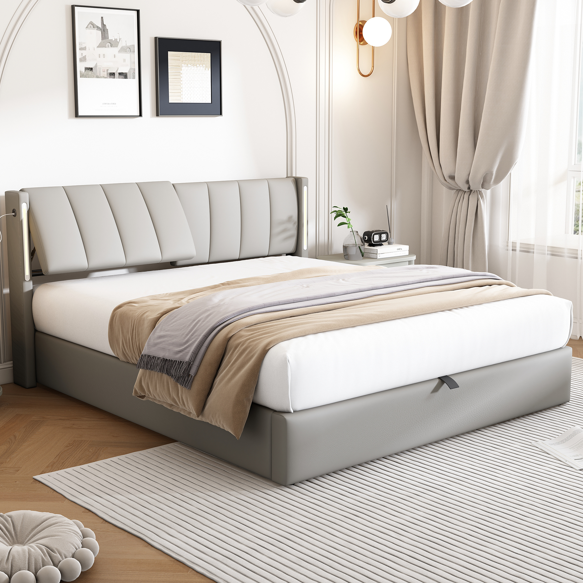 Binaural LED Upholstered Bed 140 X 190 Cm, Hydraulic Bed, USB Rechargeable Port In Bed, With LED Lighting, With Storage Space, Adjustable Headboard, PU Pebble, Grey