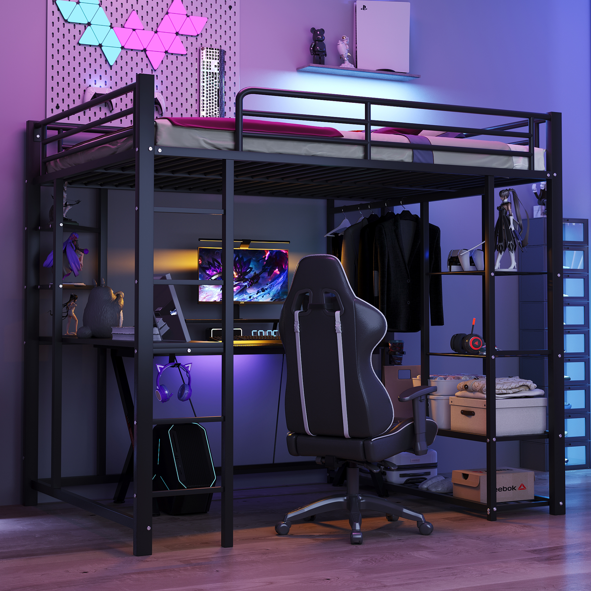 Metal Loft Bed With Ladder 140X200 Cm, Junior Bed Double Bed With Table With Simple Hangers With Storage Compartments, Black