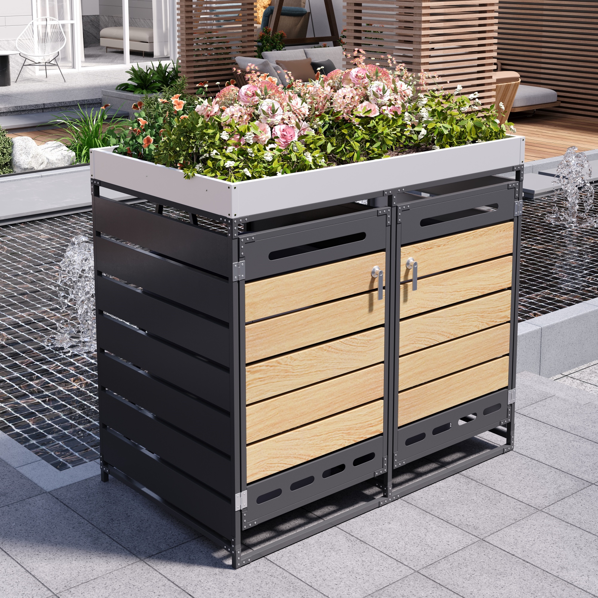 Dustbin Box With Planter Box, Horizontal Wood-look Strips, Elongated Cracked Ventilation, Whole Iron Garden Storage Cabinet With Lock
