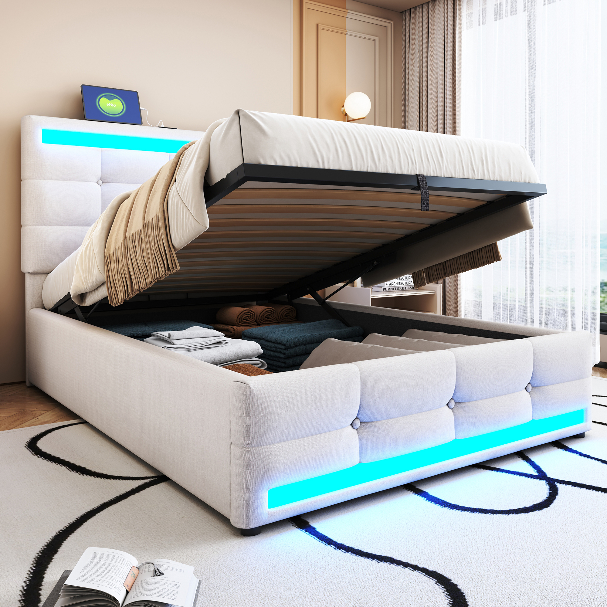 Upholstered Bed 90x200 Hydraulic Storage Crib With USB And Color Changing LED Light Strip, Beige Linen Single Bed