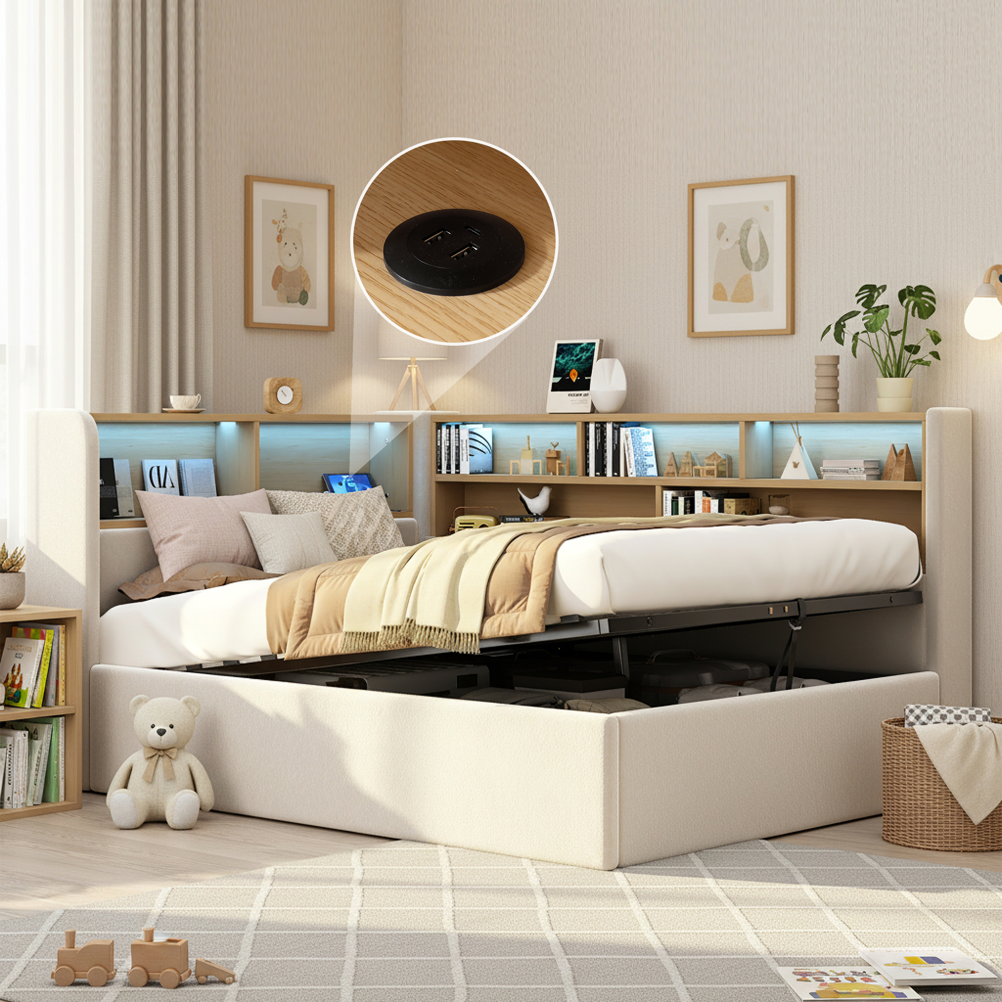 Daybed 90x200 Cm With Hydraulic Storage, Upholstered Bed, Daybed, Sofa Bed With LED, USB & Backrest, Velvet, Beige